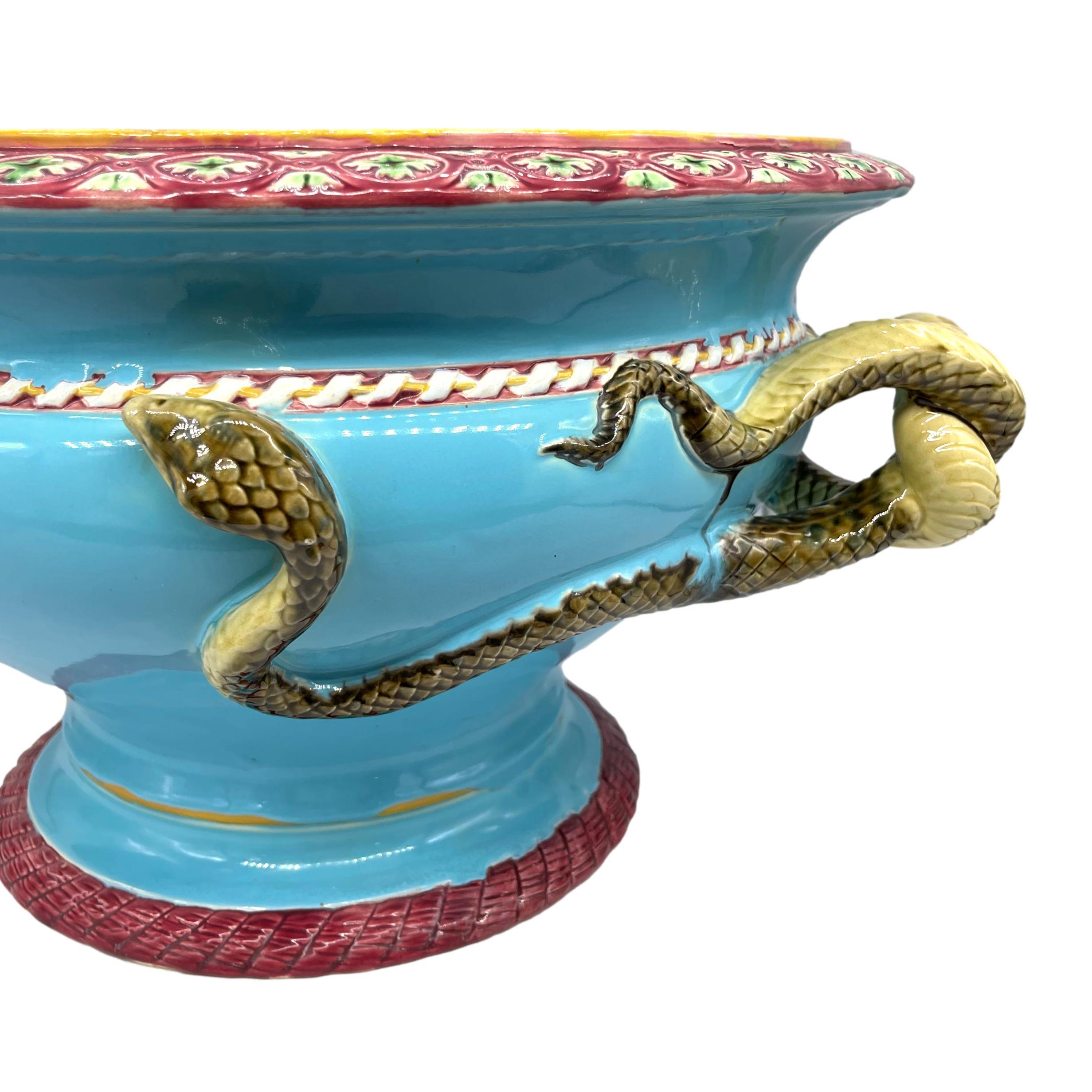 A Minton Majolica Turquoise Ground Snake-Handled Jardinière, Dated 1858 For Sale 4