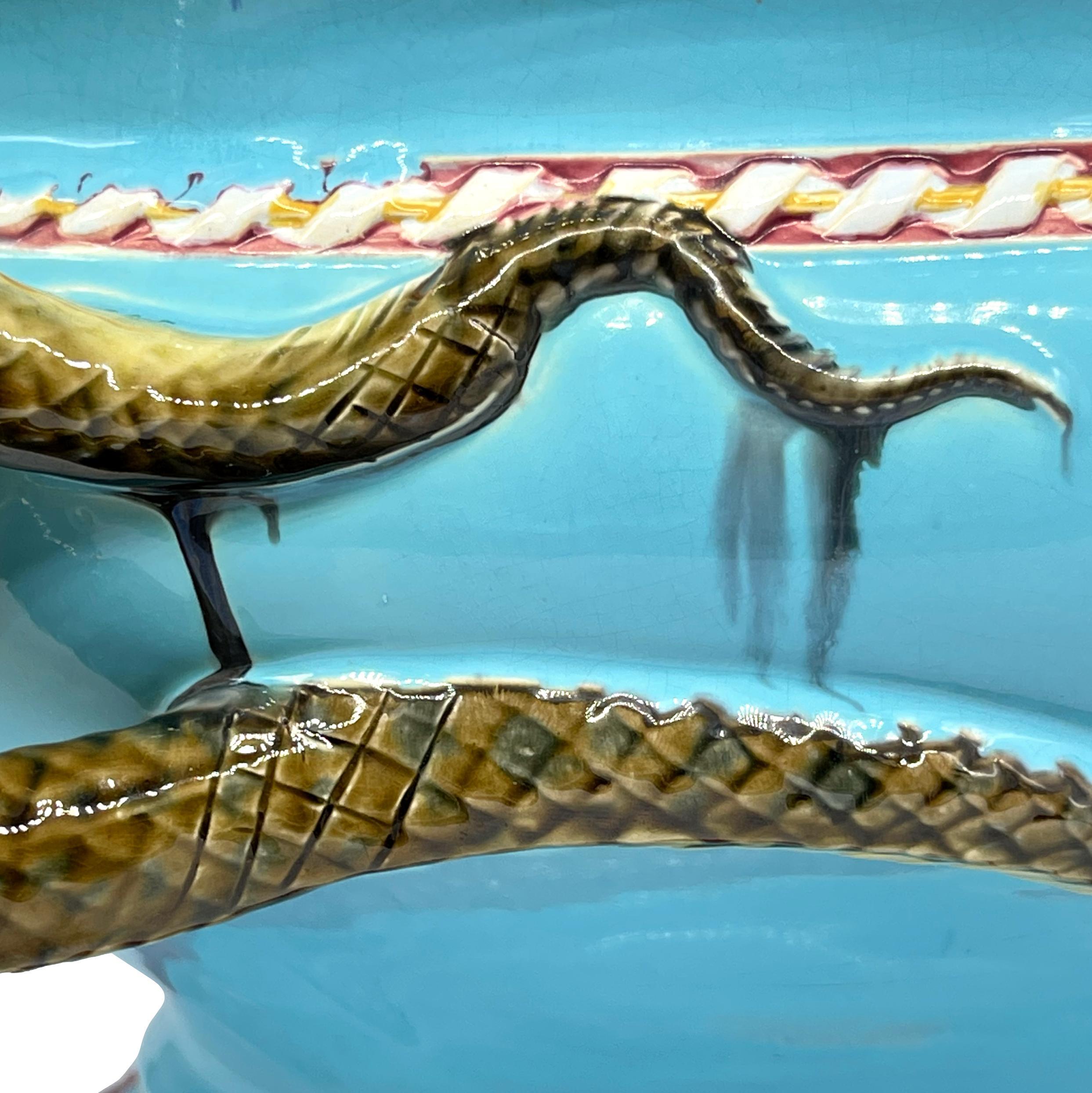 A Minton Majolica Turquoise Ground Snake-Handled Jardinière, Dated 1858 For Sale 6