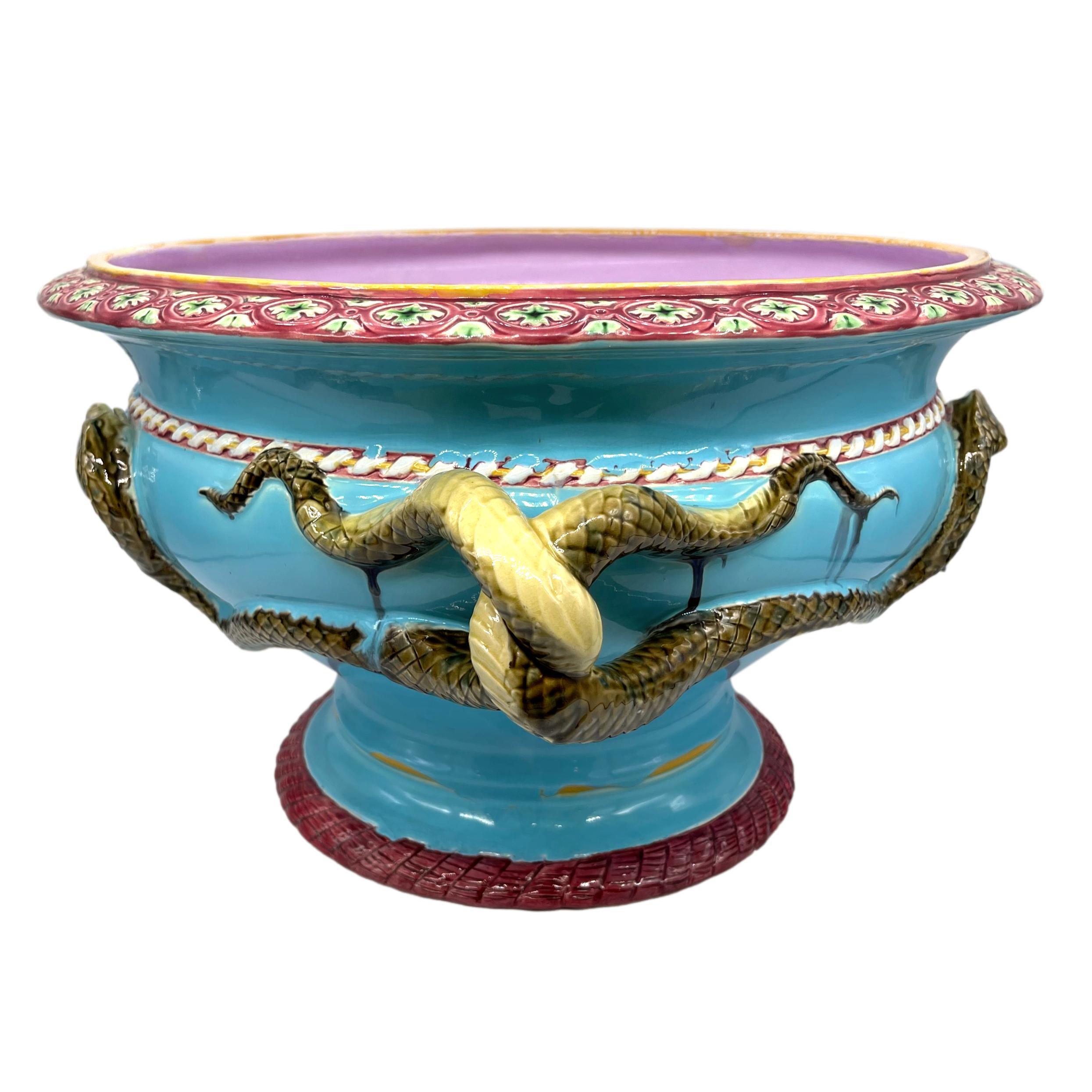 Victorian A Minton Majolica Turquoise Ground Snake-Handled Jardinière, Dated 1858 For Sale