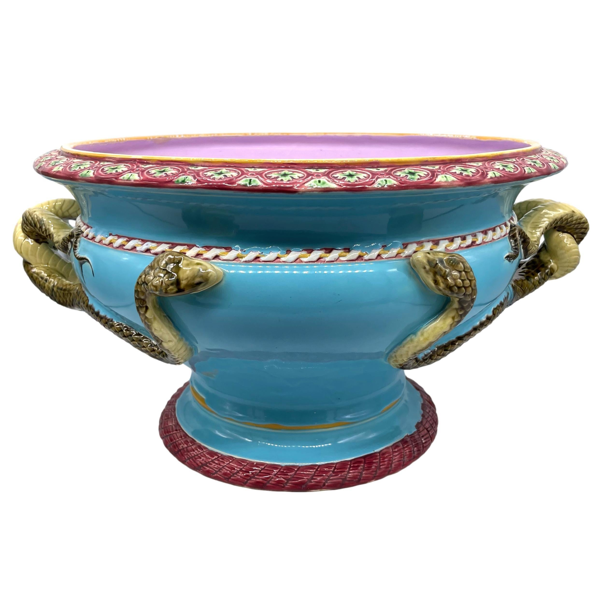 English A Minton Majolica Turquoise Ground Snake-Handled Jardinière, Dated 1858 For Sale