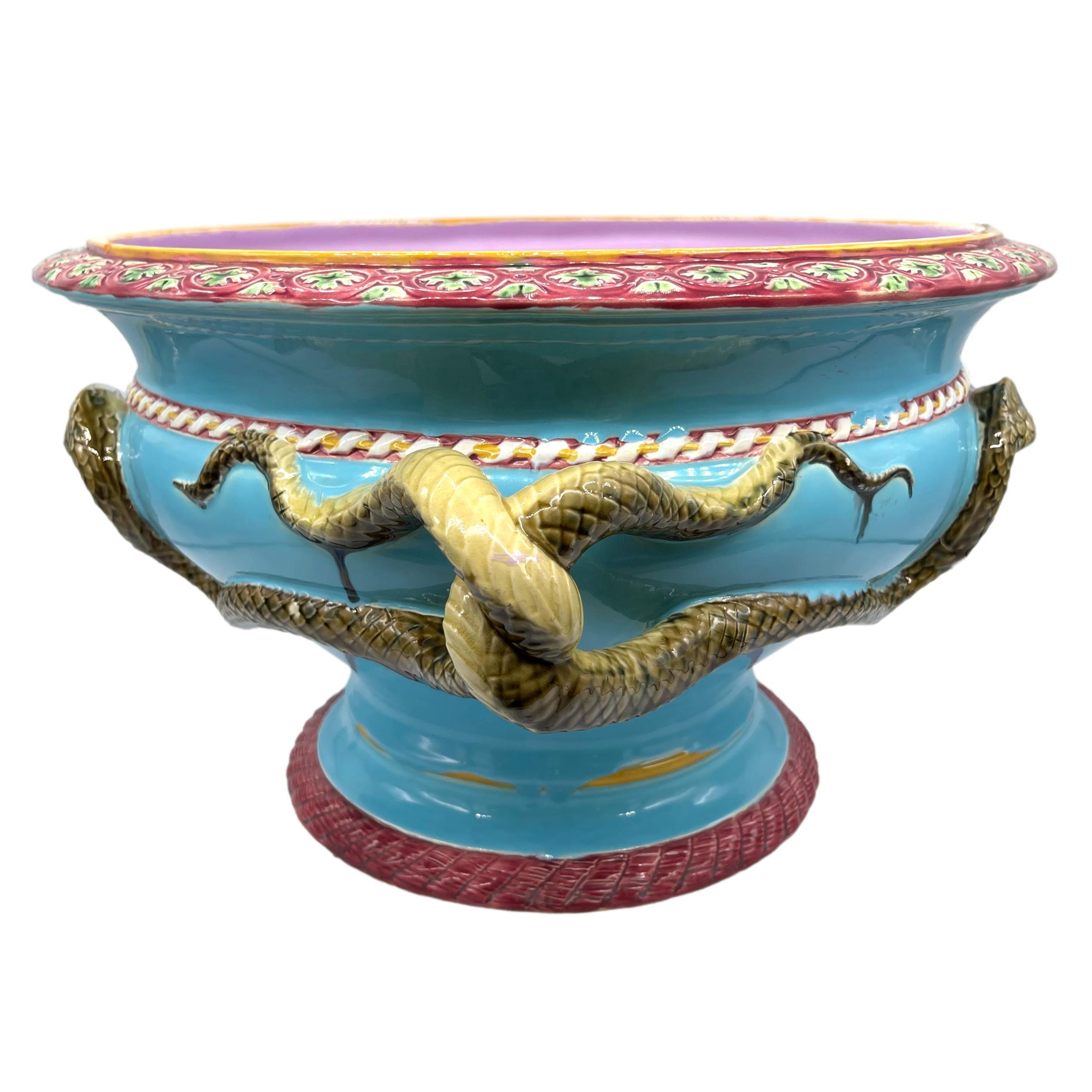 Molded A Minton Majolica Turquoise Ground Snake-Handled Jardinière, Dated 1858 For Sale