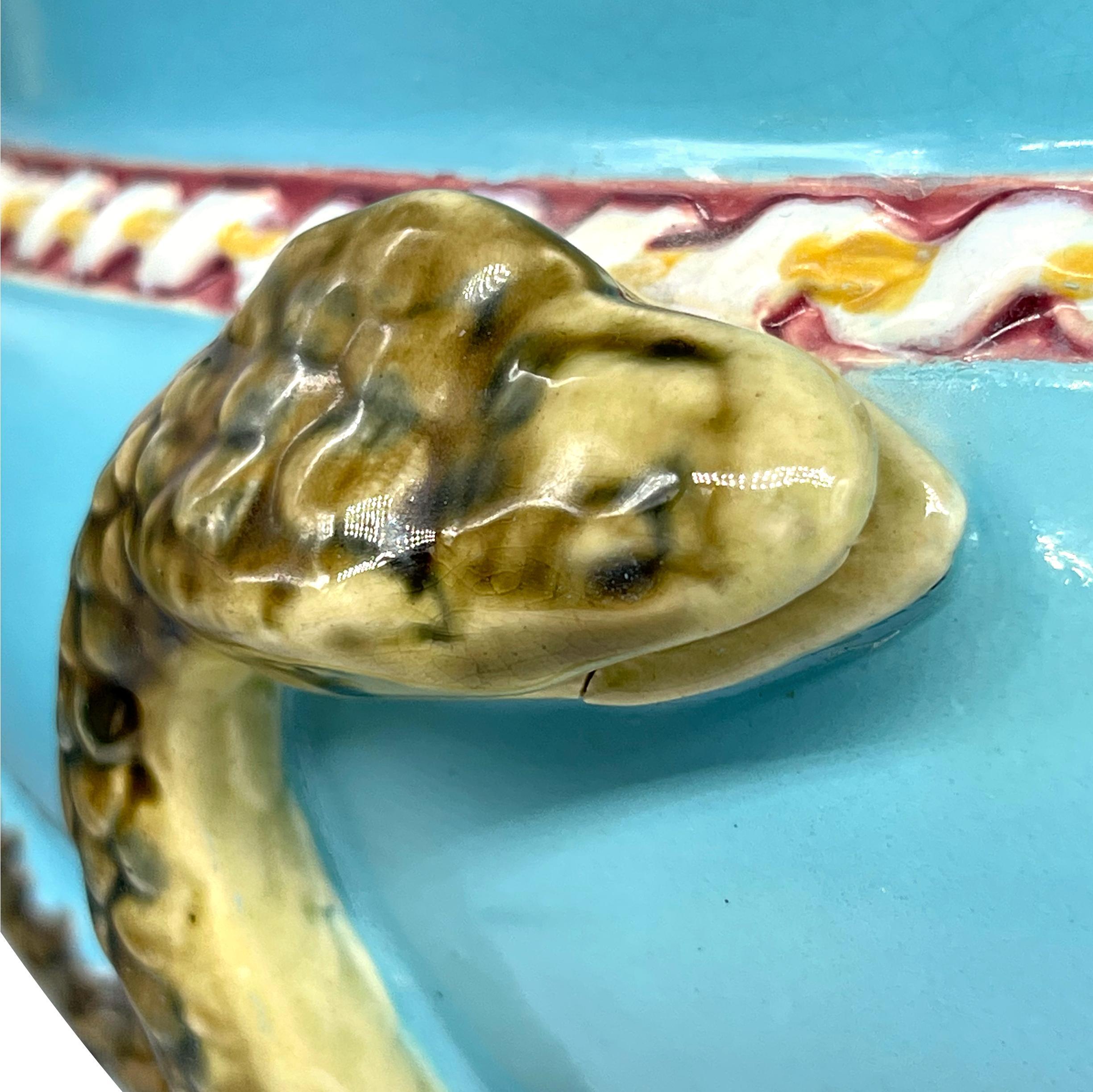A Minton Majolica Turquoise Ground Snake-Handled Jardinière, Dated 1858 In Good Condition For Sale In Banner Elk, NC