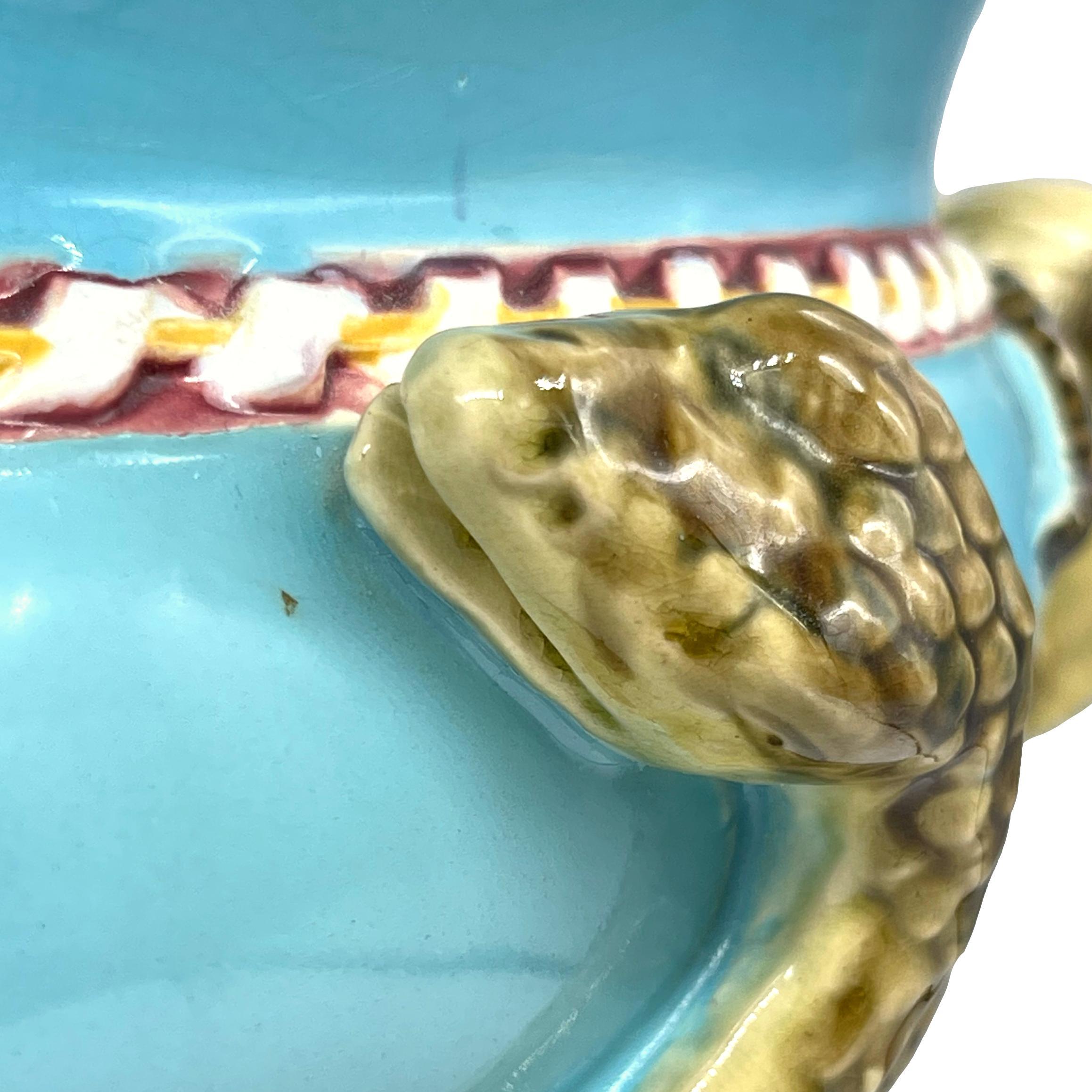 Mid-19th Century A Minton Majolica Turquoise Ground Snake-Handled Jardinière, Dated 1858 For Sale