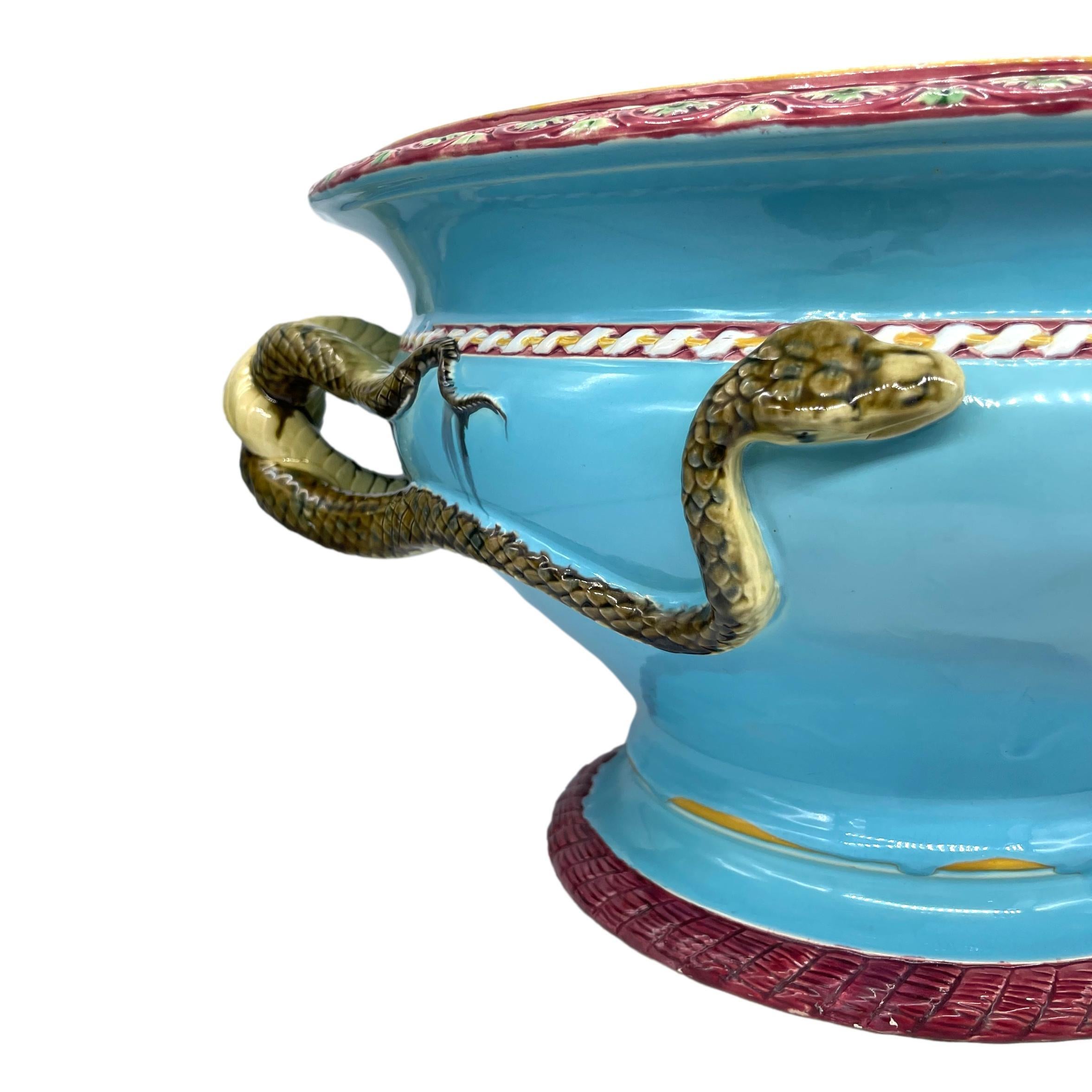 A Minton Majolica Turquoise Ground Snake-Handled Jardinière, Dated 1858 For Sale 1