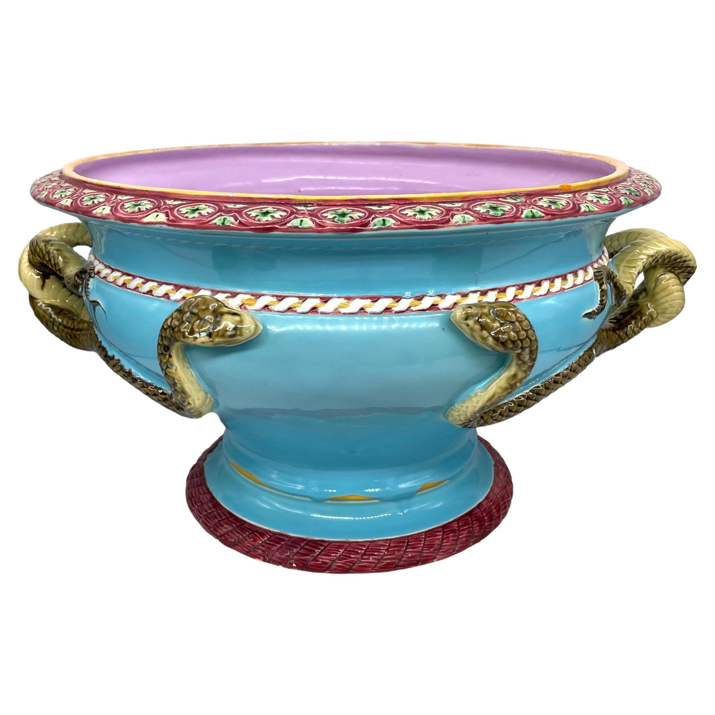 A Minton Majolica Turquoise Ground Snake-Handled Jardinière, Dated 1858