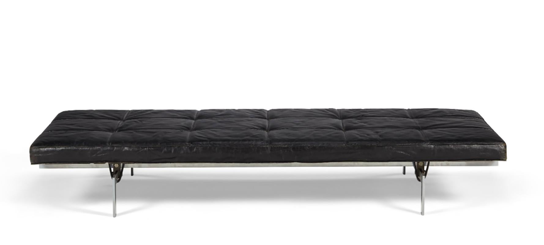 A model PK 80 leather and steel daybed designed by Poul Kjaerholm in 1957 and produced by E. Kold Christensen. Stamped. Restorations to leather.