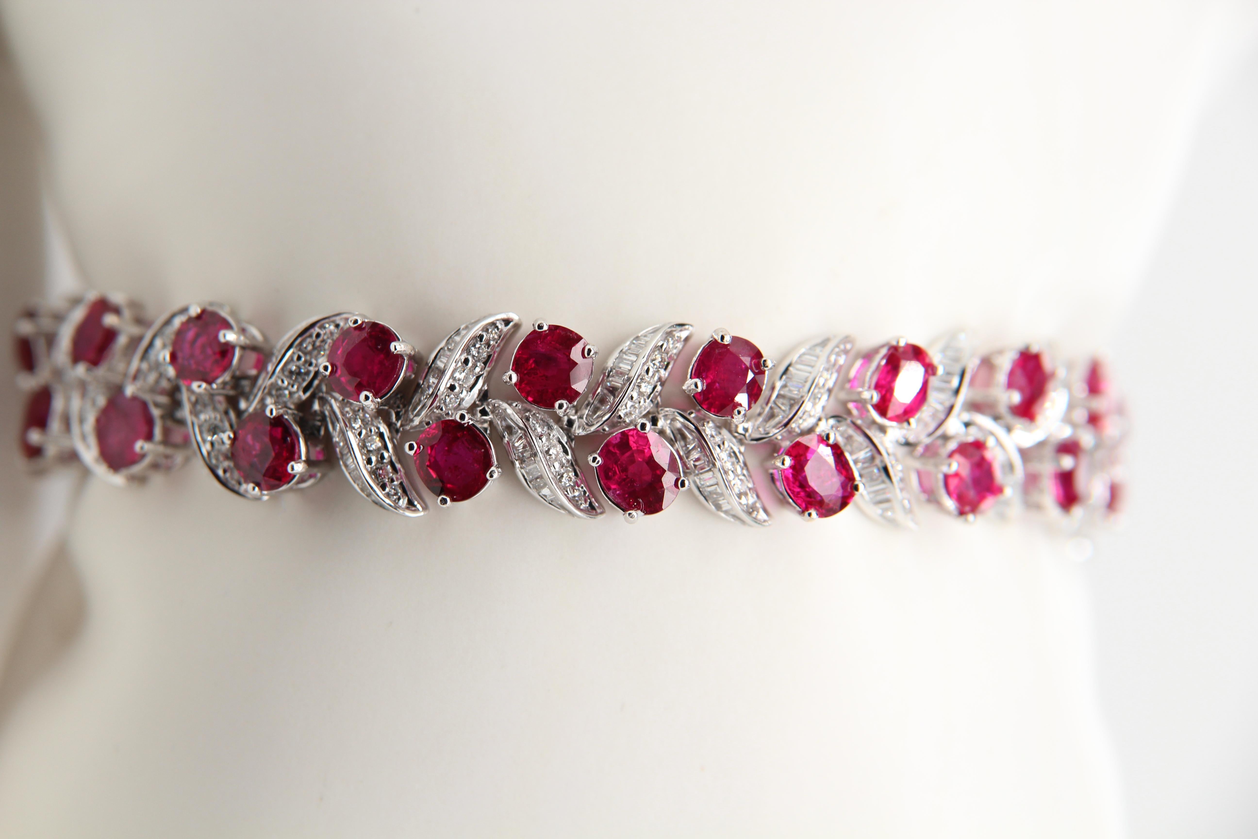 A new ruby and diamond bracelet made in 18 Karat gold. The rubies are all Burmese no heat certified by the International Colorstone Association (ICA) GemLab. The total ruby weight is 14.83 carats and the total diamond weight is 3.40 carats. The