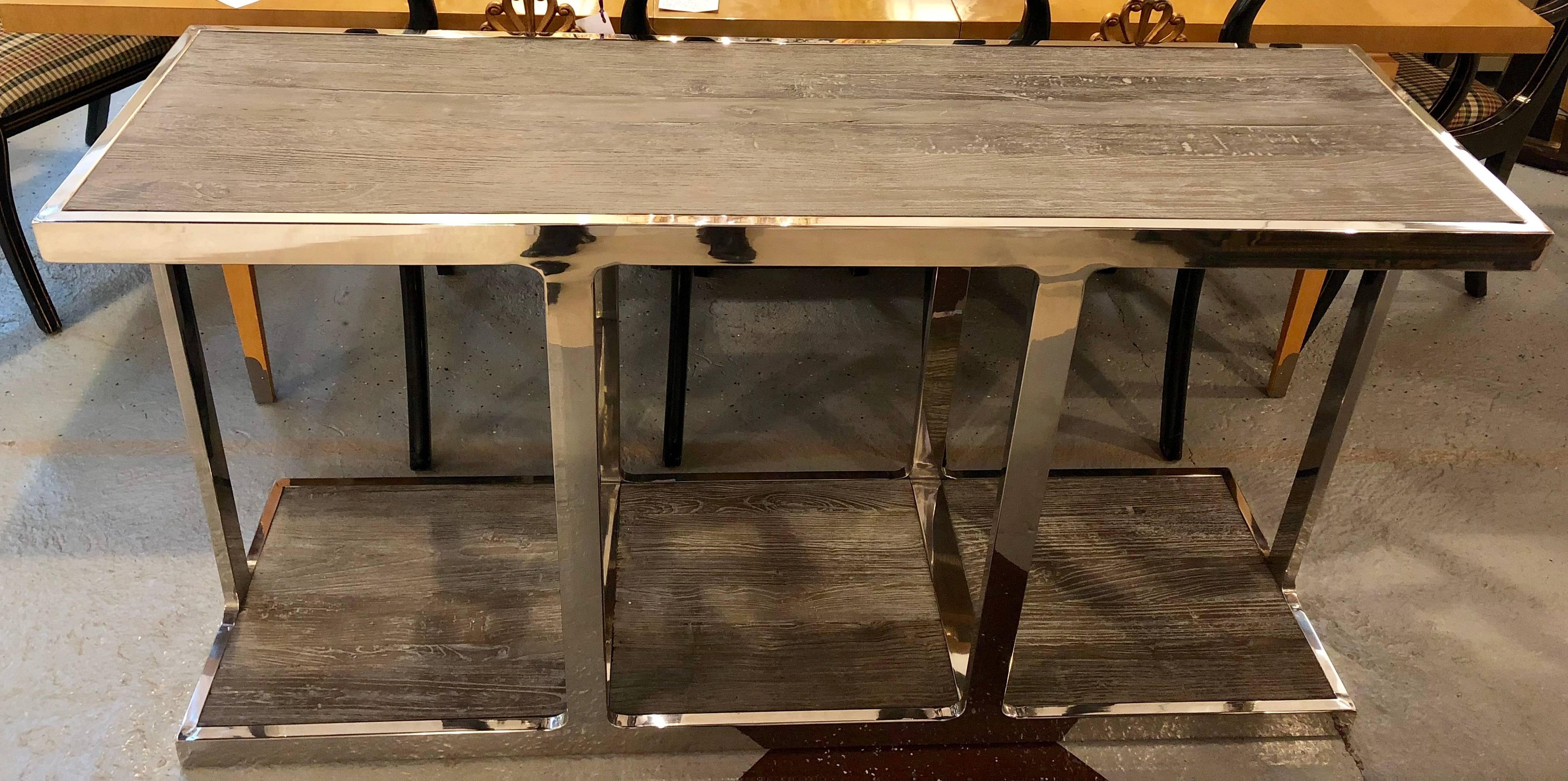 Modern Chrome and Distressed Wood Console/Sofa Table 5
