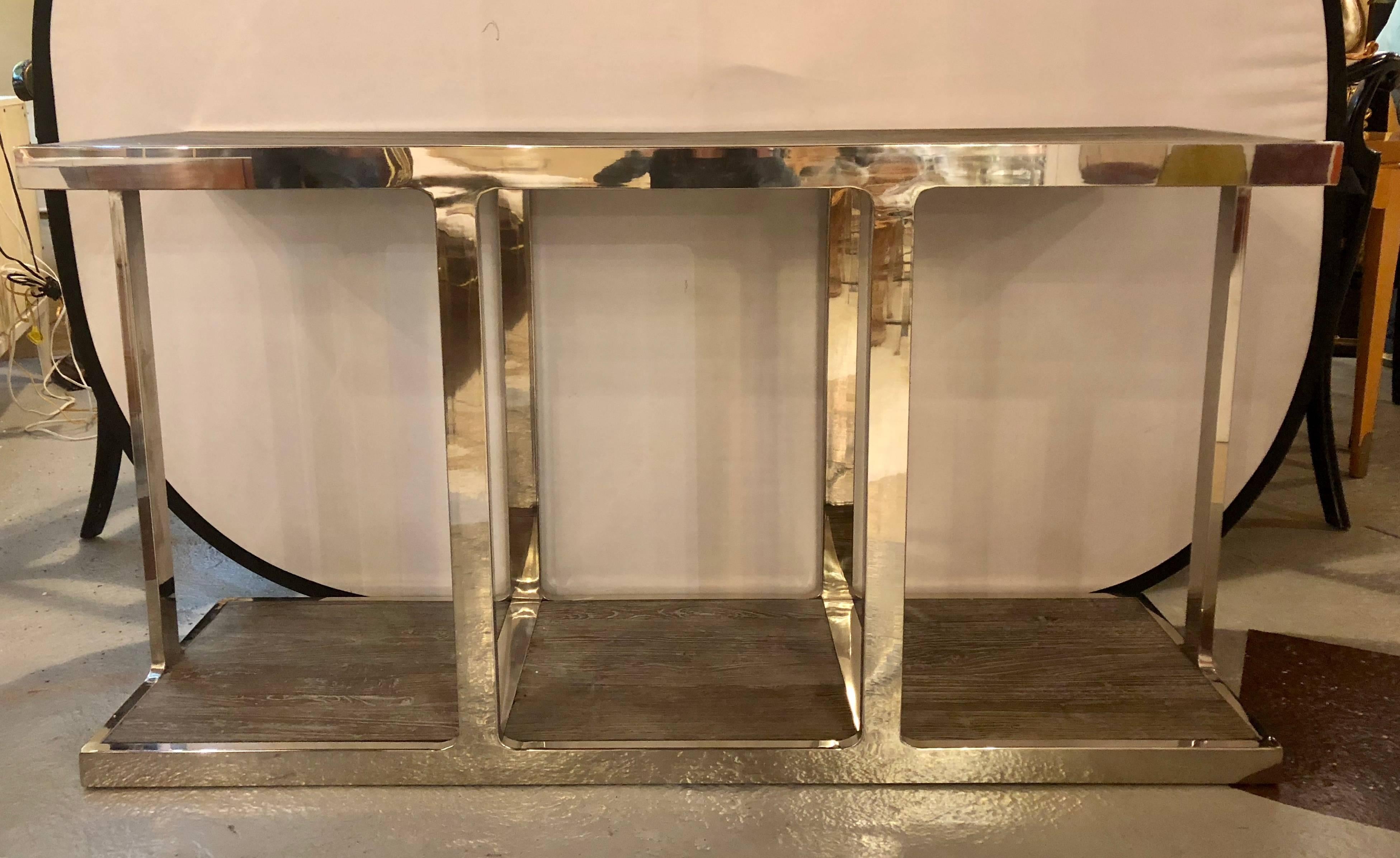 chrome and wood console table