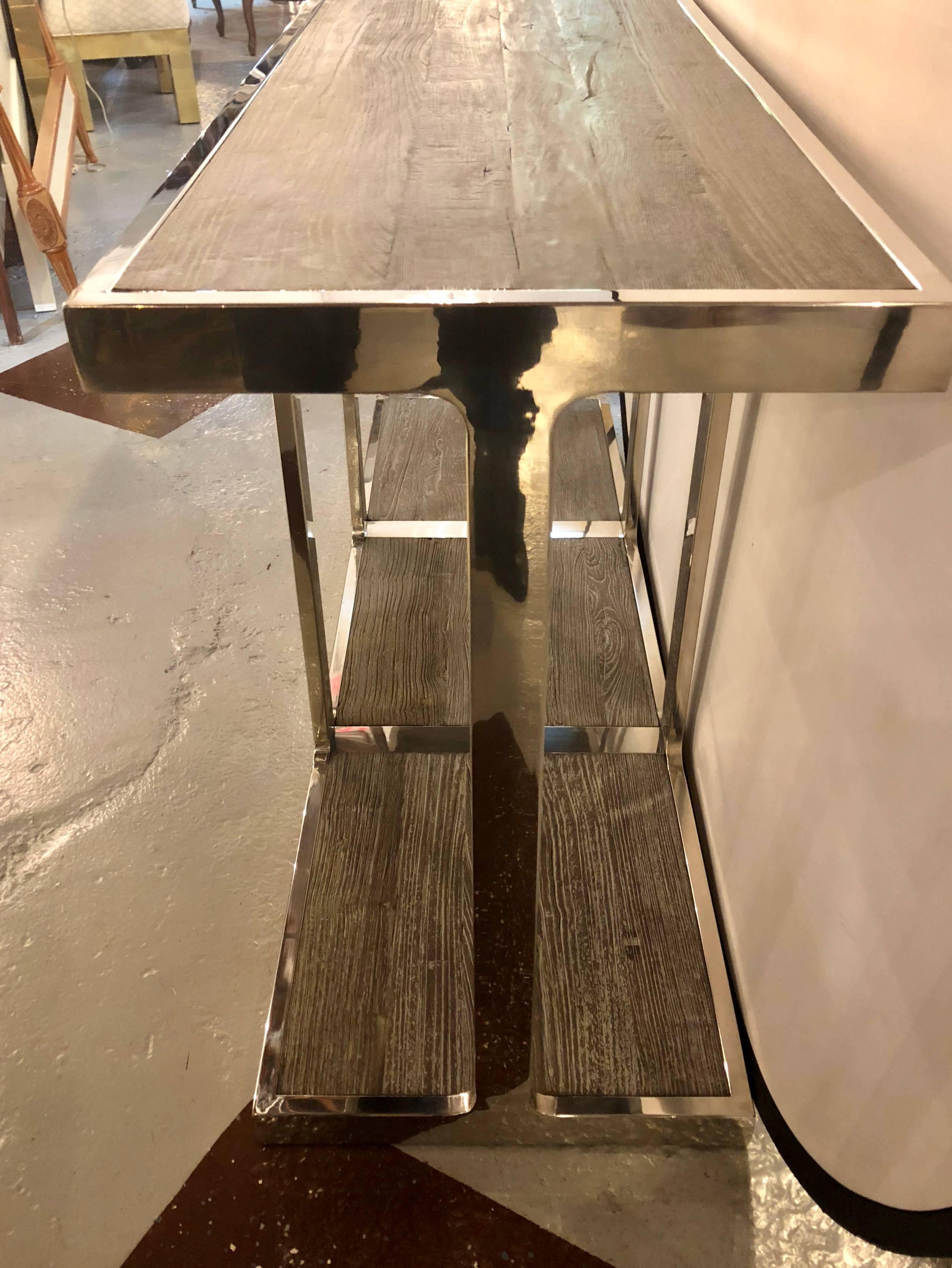 Modern Chrome and Distressed Wood Console/Sofa Table In Good Condition In Stamford, CT