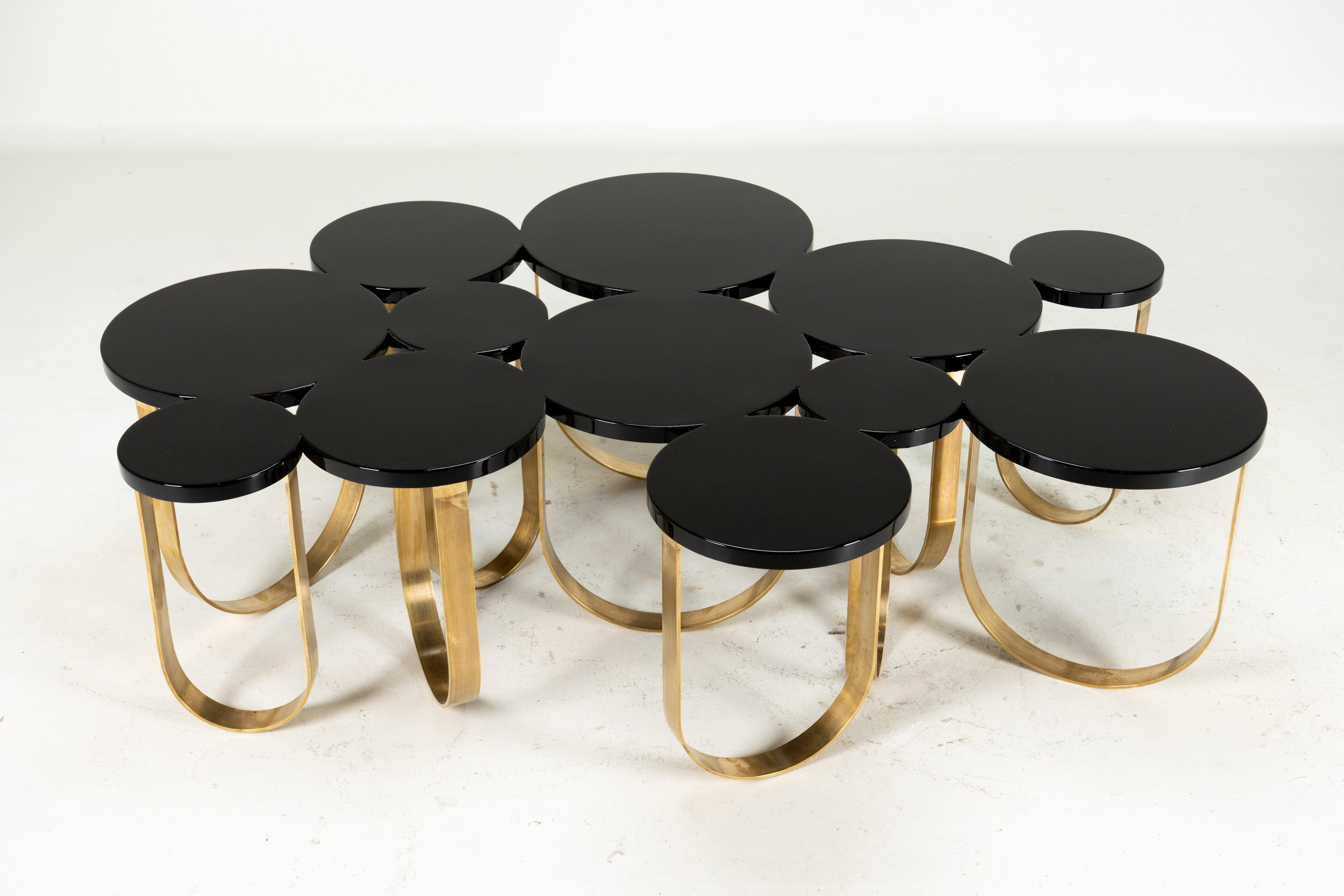 Lacquered A Modern Coffee Table With Solid Brass Legs and a Black Lacquer Top For Sale