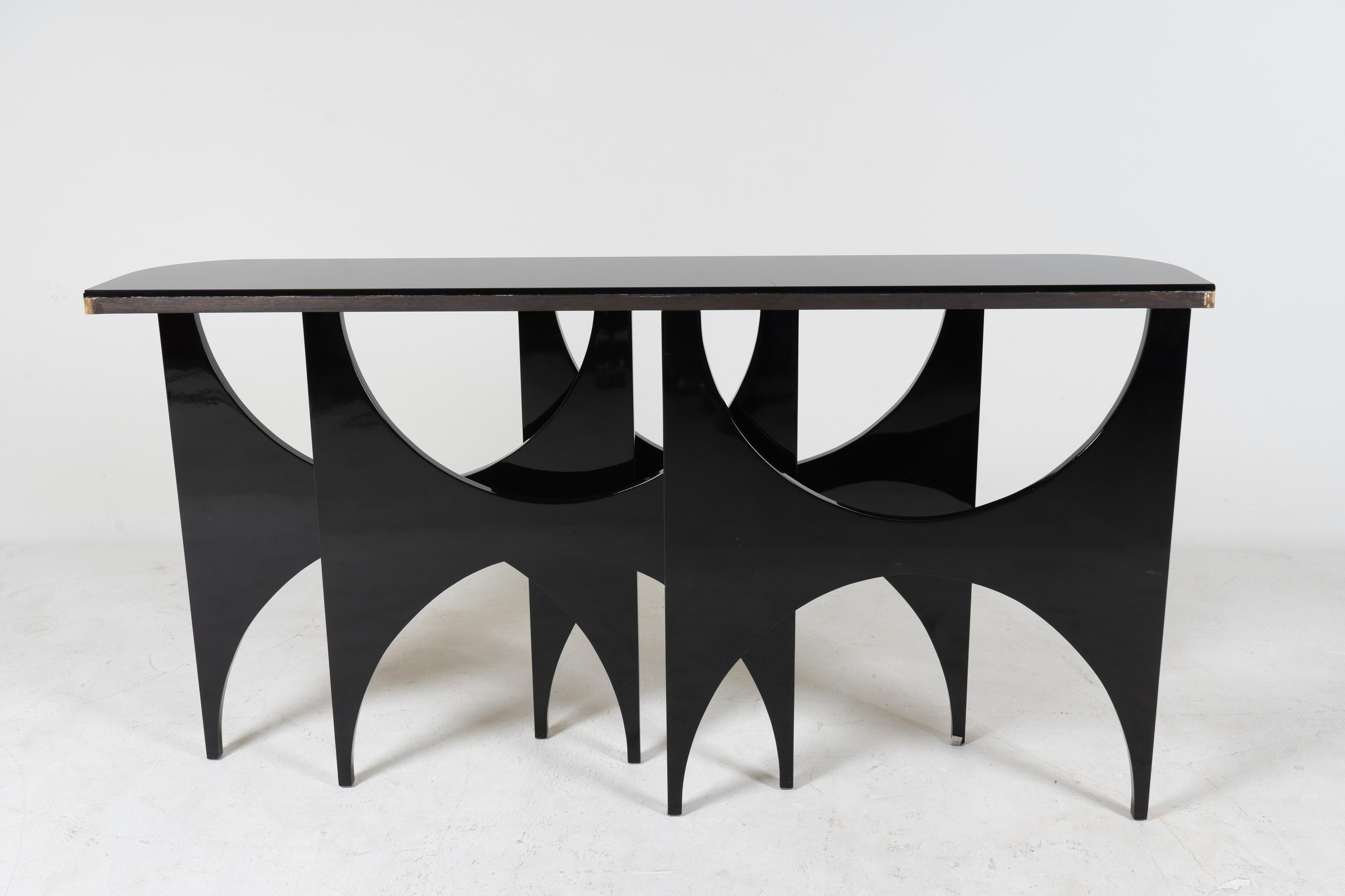 A Modern Console Table With Lacquered Base and Black Glass Top In Good Condition For Sale In Chicago, IL