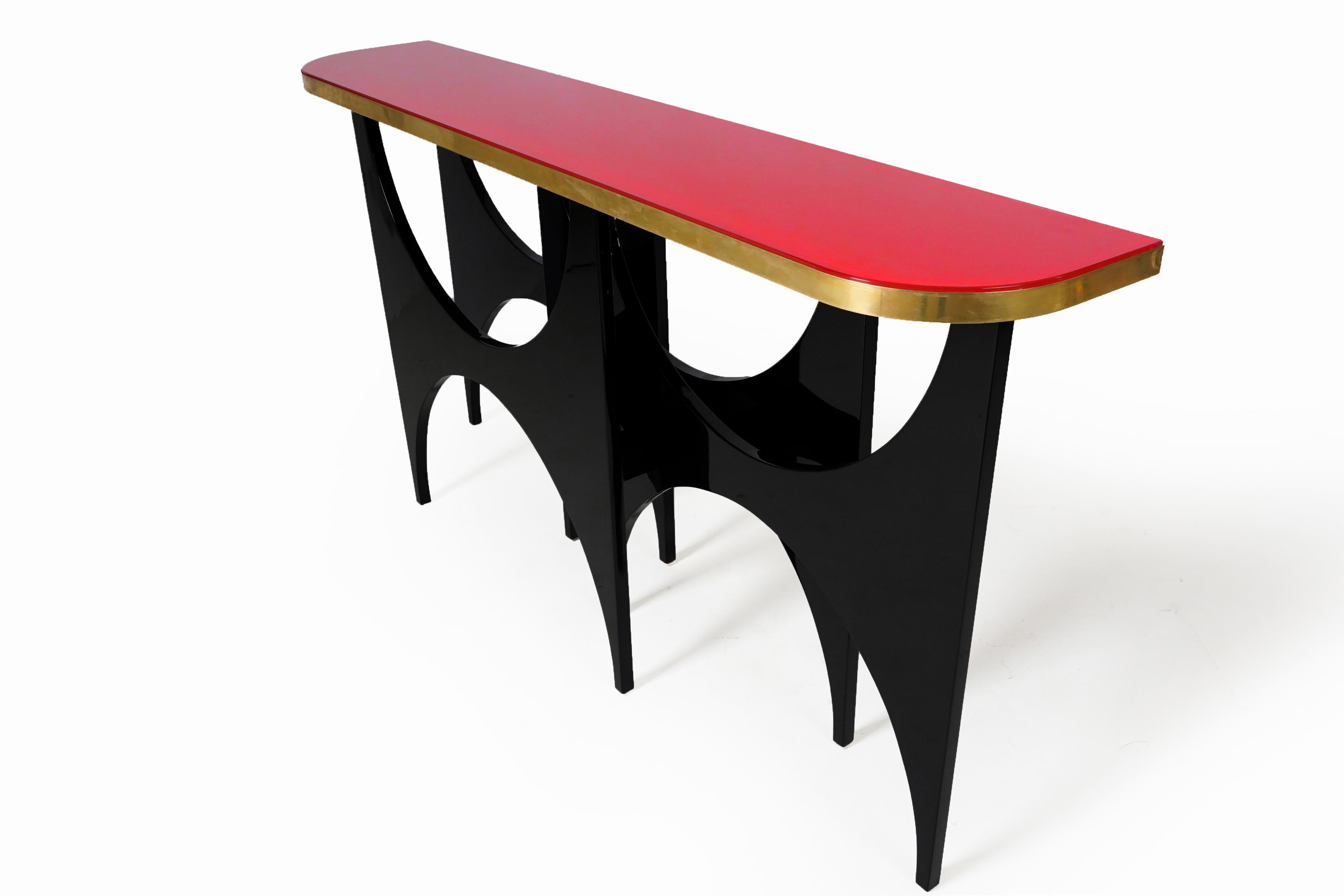 Hungarian Modern Console Table with Lacquered Base and Red Glass Top