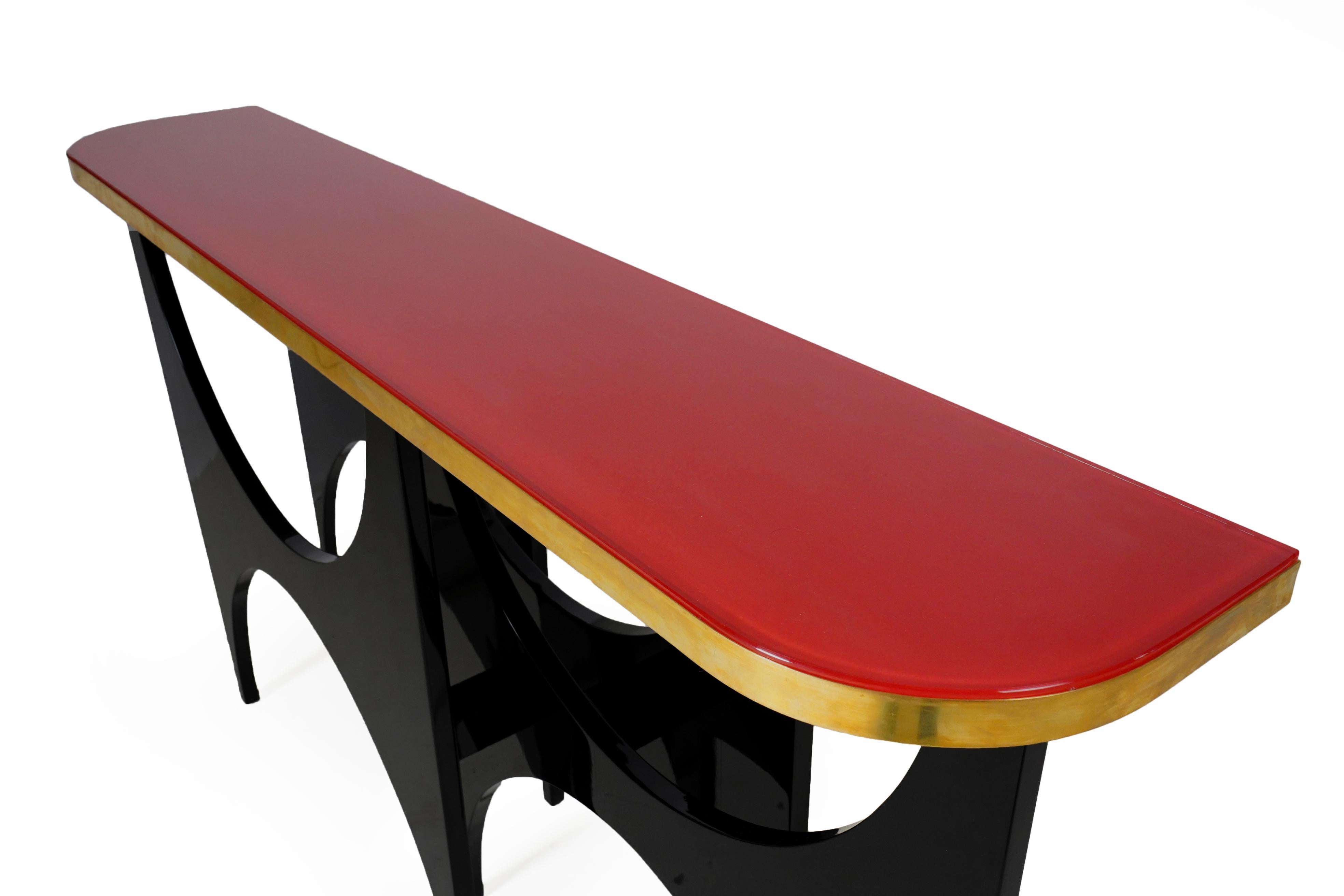 Modern Console Table with Lacquered Base and Red Glass Top In Good Condition In Chicago, IL