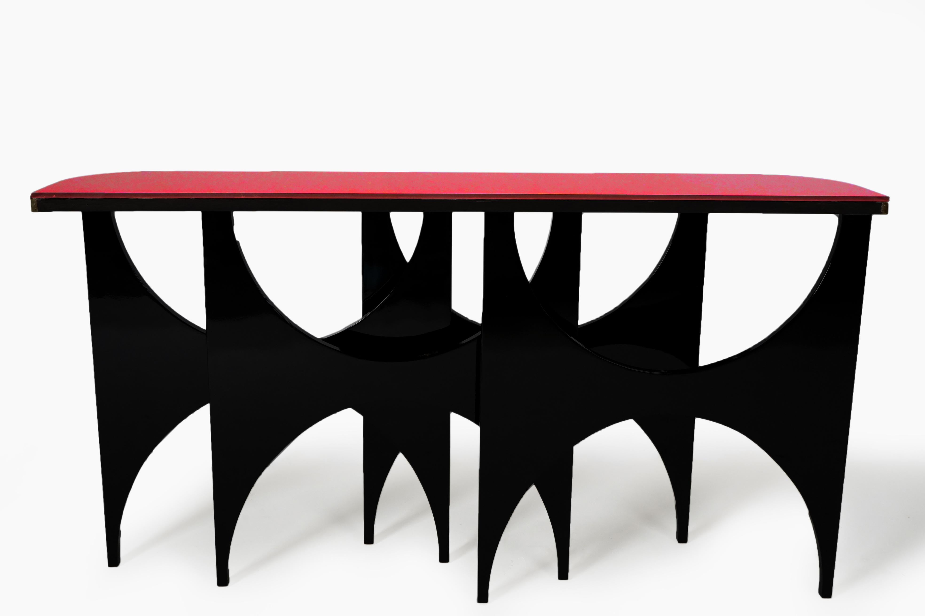 Contemporary Modern Console Table with Lacquered Base and Red Glass Top