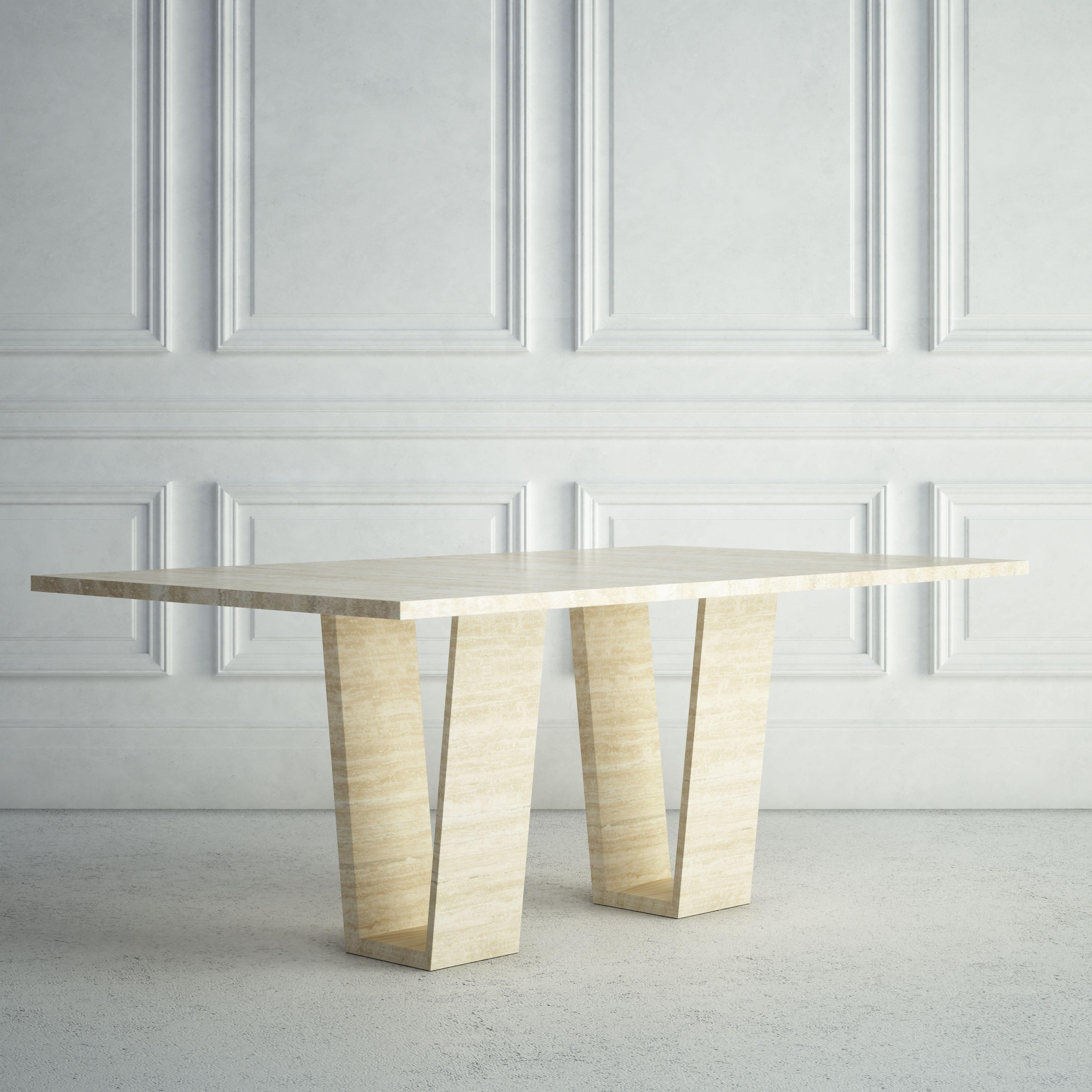 Sculpté The Elise : une table de salle à manger moderne en pierre avec un plateau rectangulaire et des bases angulaires en vente