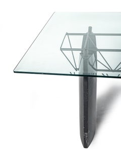 Modern Dining Table with in Black Travertine Base and Glass Top