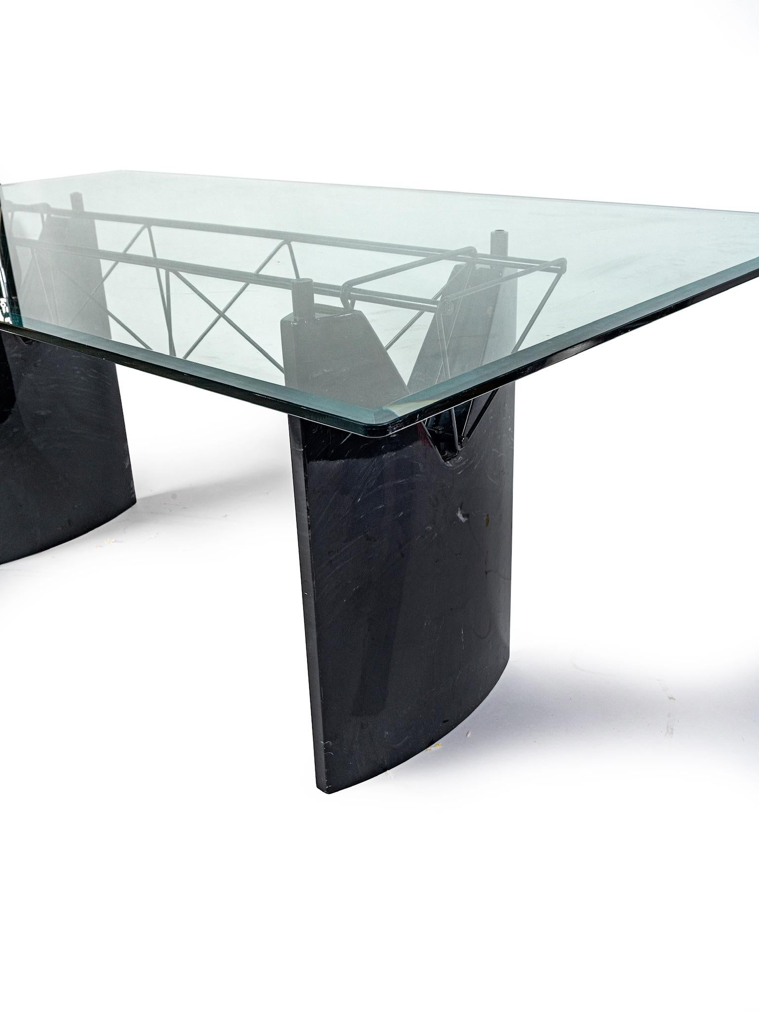 Italian Modern Dining Table with in Black Travertine Base and Glass Top For Sale