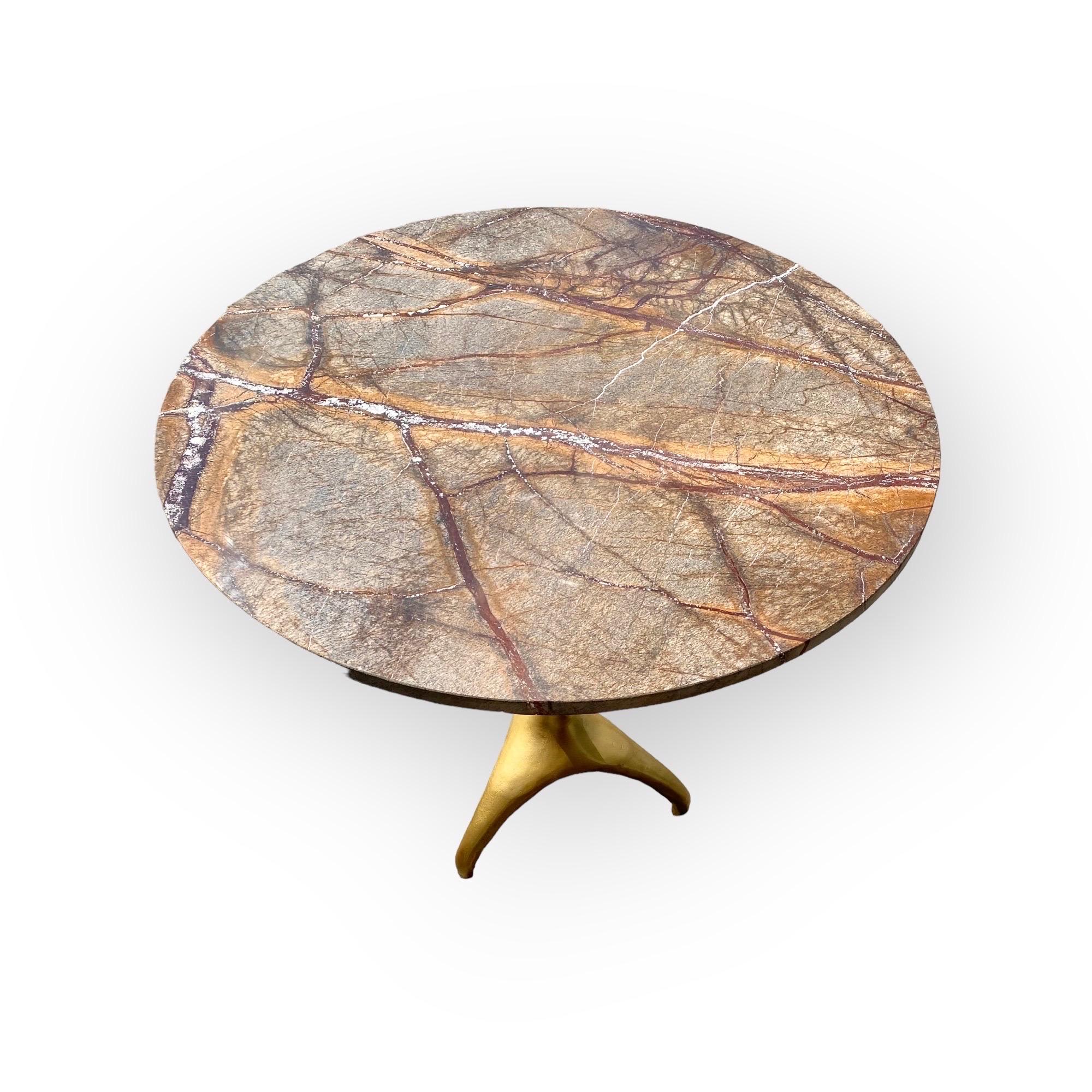 Polished A Modern, Eclectic Bidasar Marble And Brass Clad Iron Pedestal Table