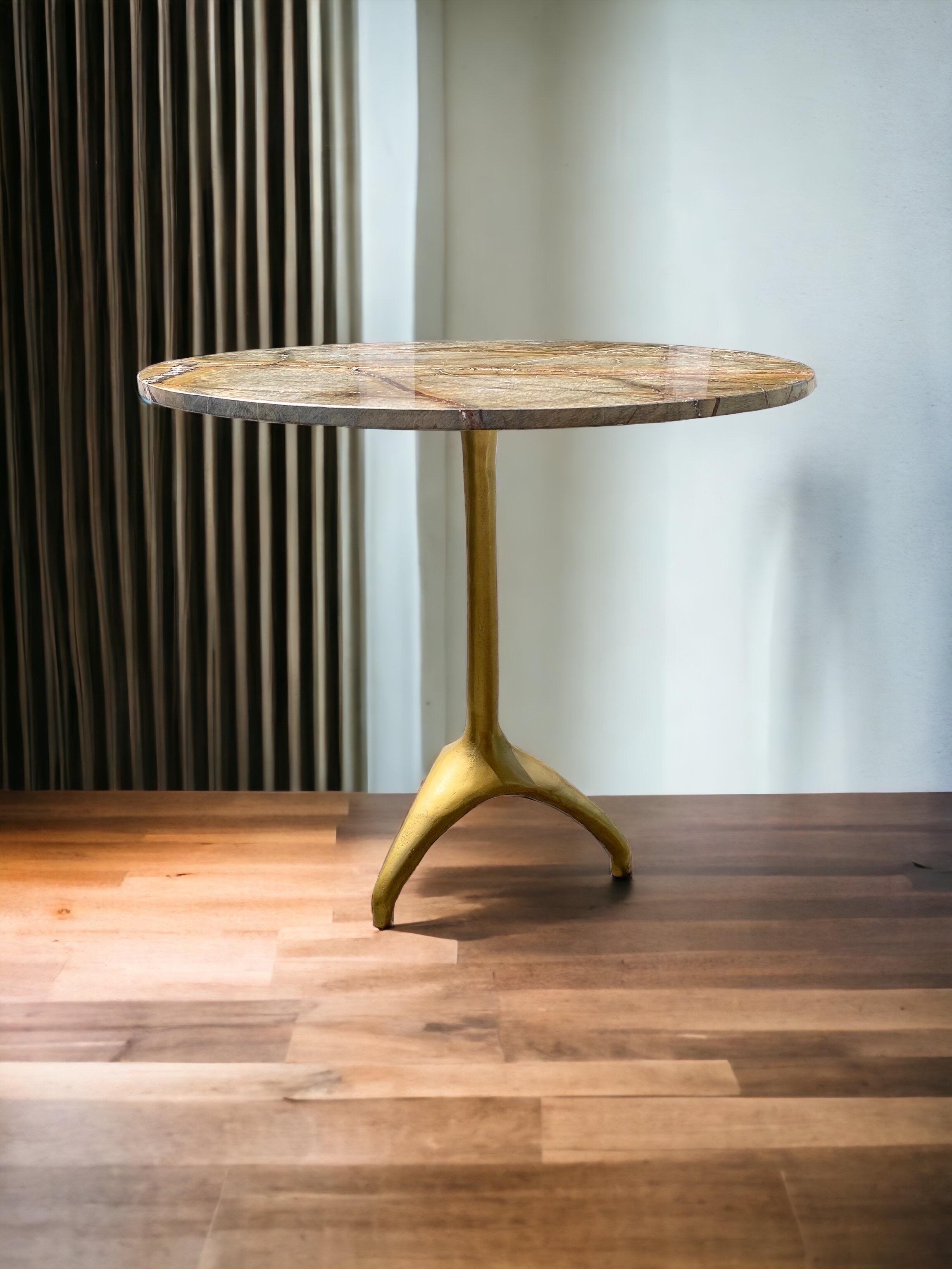 A Modern, Eclectic Bidasar Marble And Brass Clad Iron Pedestal Table In Good Condition In New Orleans, LA
