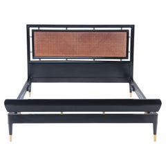 Vintage Modern Italian Ebonized Queen Size Bed with a Cane Headboard, C 1960