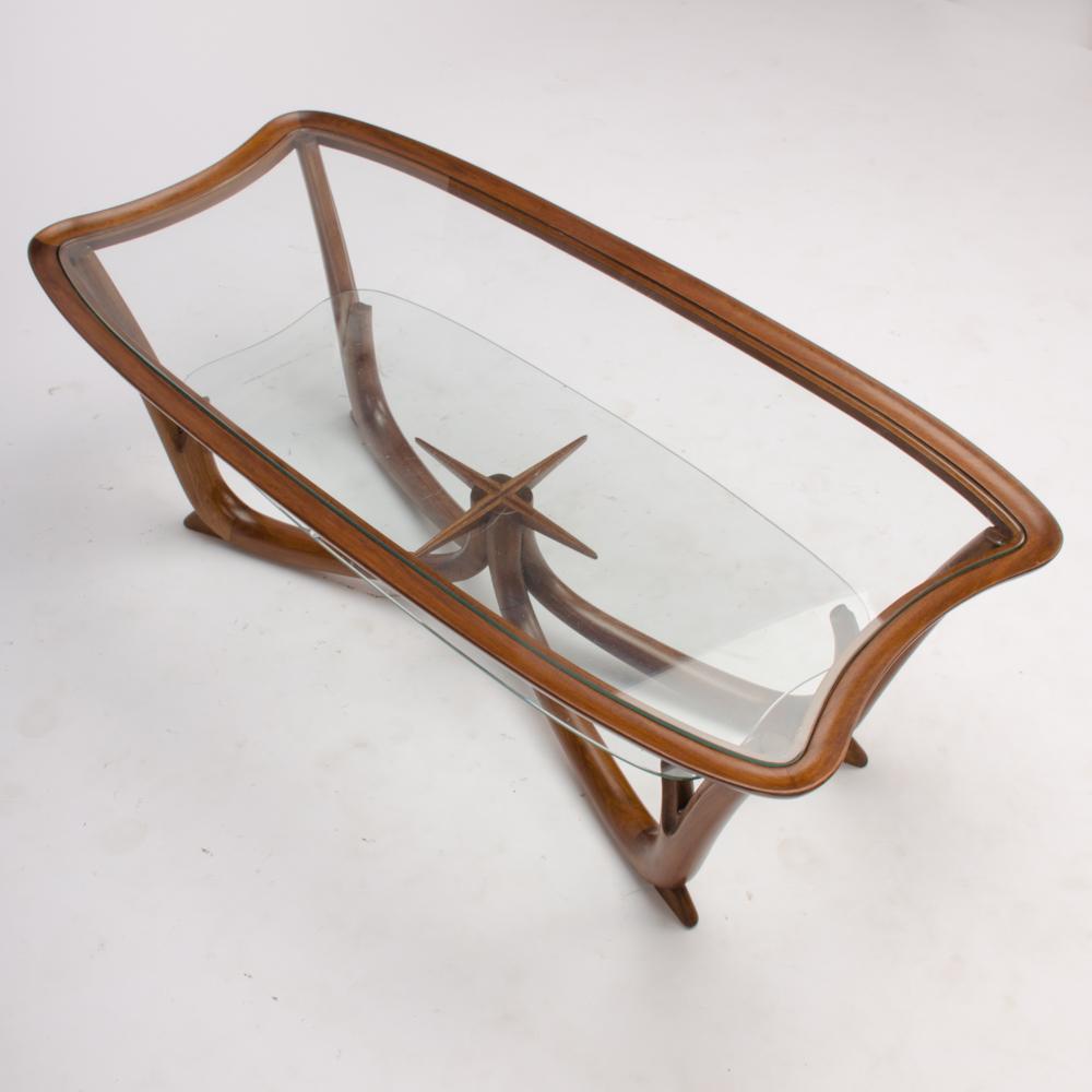 Modern Italian Mahogany Coffee Table with Glass Top, circa 1950 In Good Condition For Sale In Philadelphia, PA