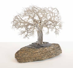 Modern Italian Silver Realistic Bonsai Tree Mounted on a Lava Rock