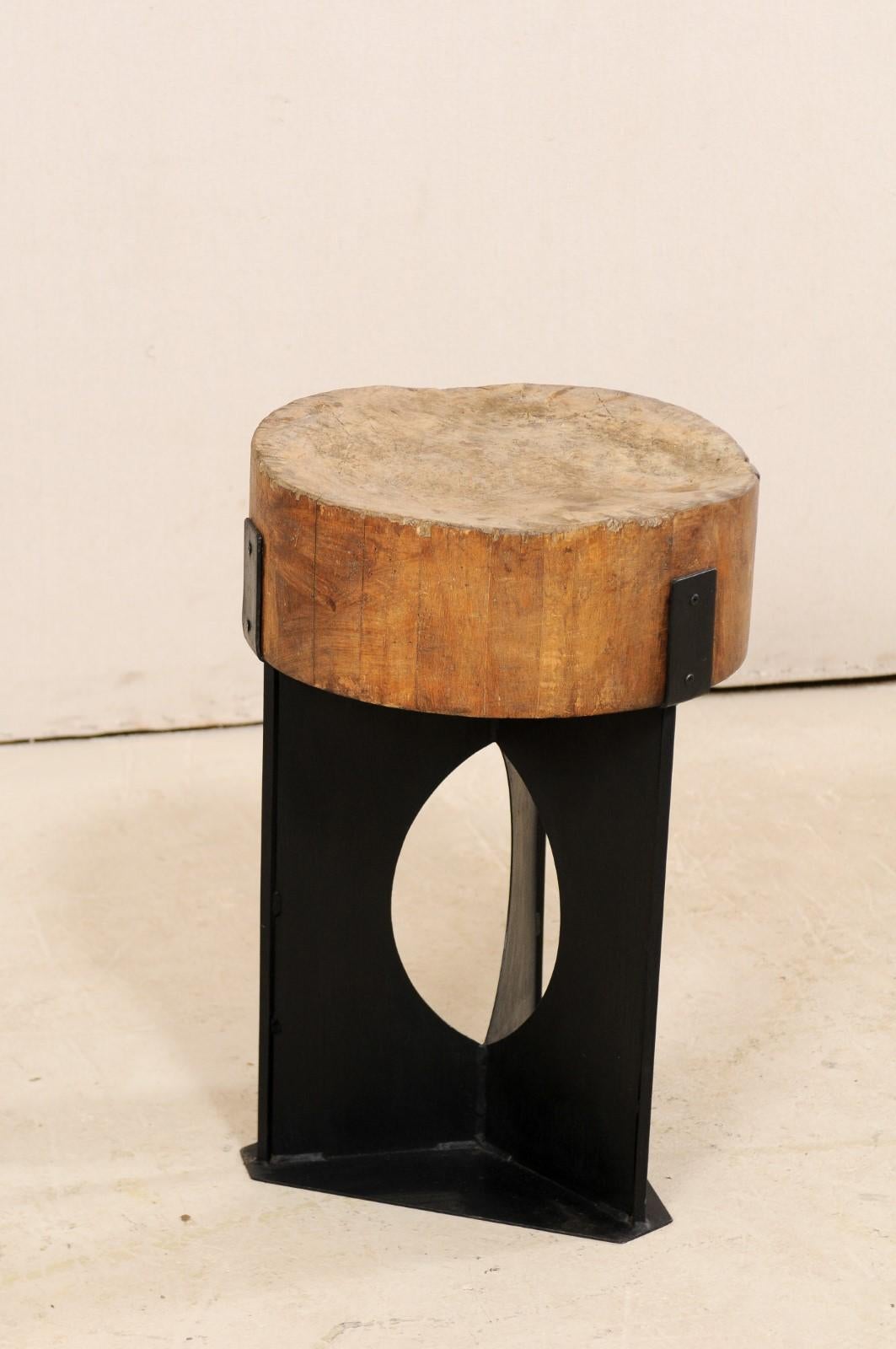 Modern Side Table with European Chopping Block Top and Custom Iron Base 4