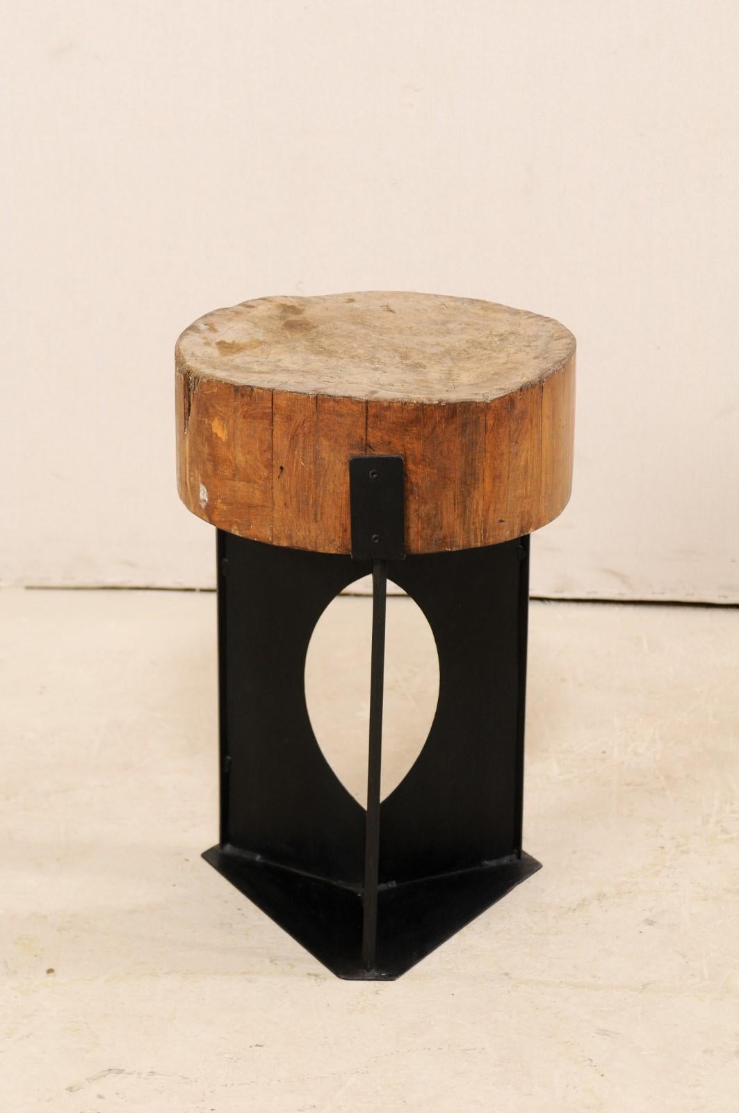 Modern Side Table with European Chopping Block Top and Custom Iron Base In Good Condition In Atlanta, GA