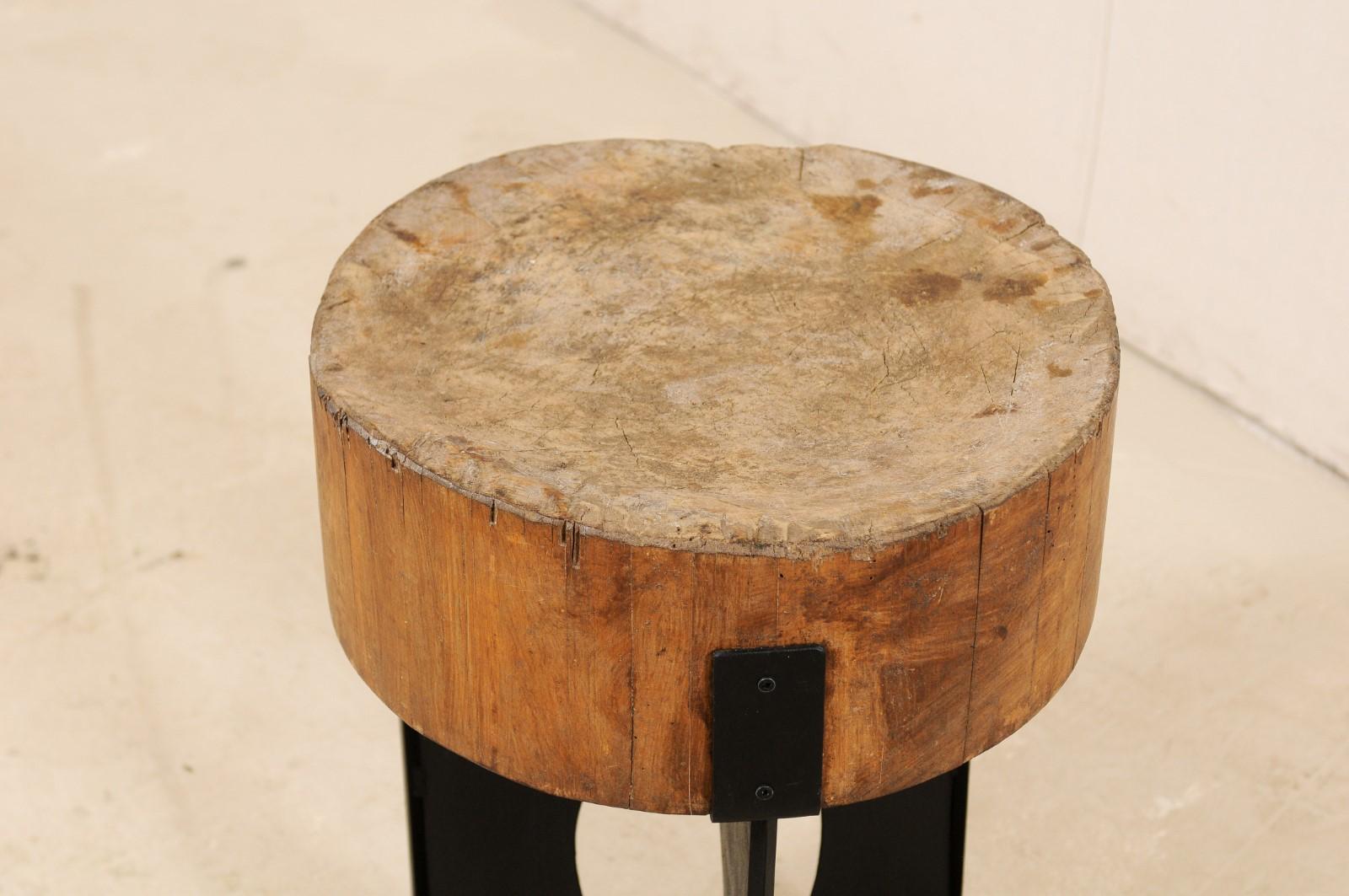 19th Century Modern Side Table with European Chopping Block Top and Custom Iron Base