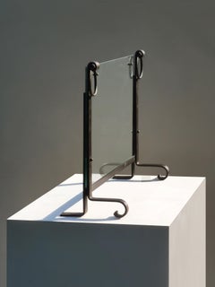 A Panoramic MODERNIST BRUTALIST Wrought Iron & Glass FIRE SCREEN, France 1970