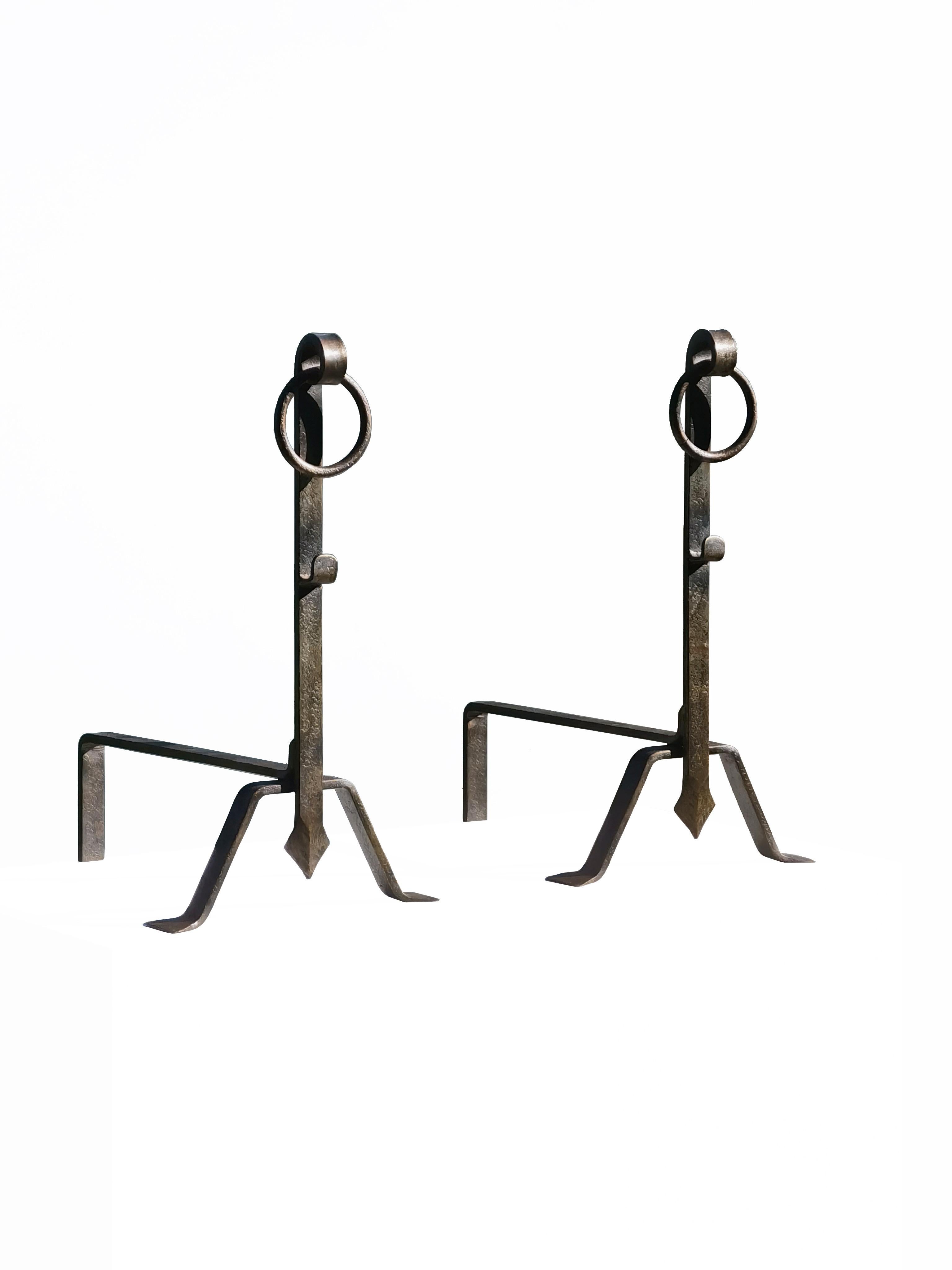 Brutalist A MODERNIST BRUTALIST Wrought Iron PAIR of ANDIRONS, France 1970 For Sale