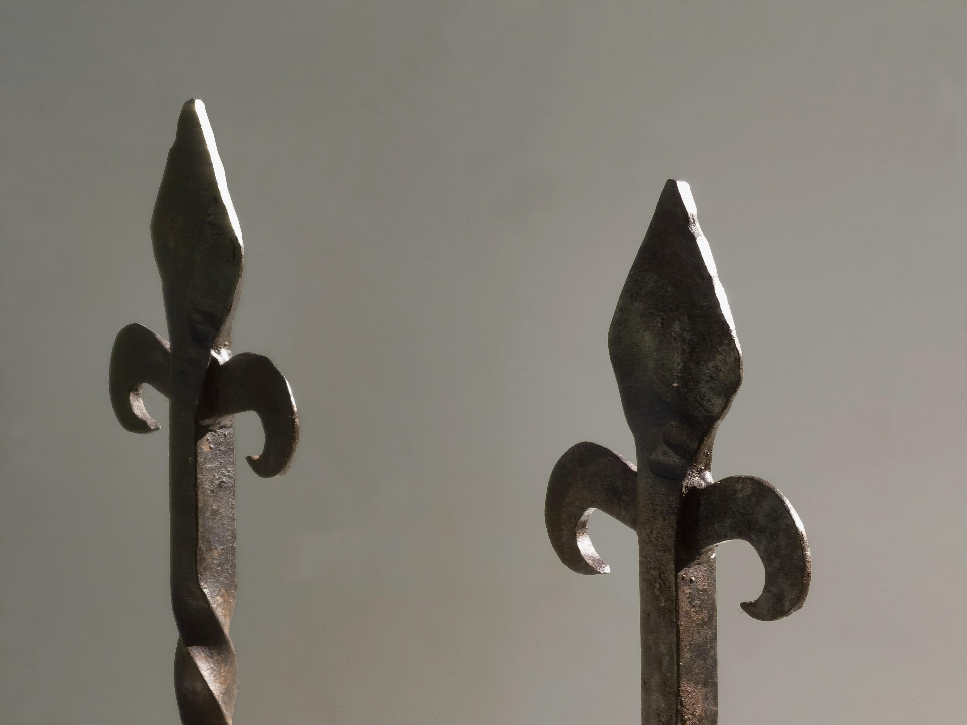 A BRUTALIST NEOCLASSICAL Wrought Iron PAIR of ANDIRONS, France 1970 For Sale 2