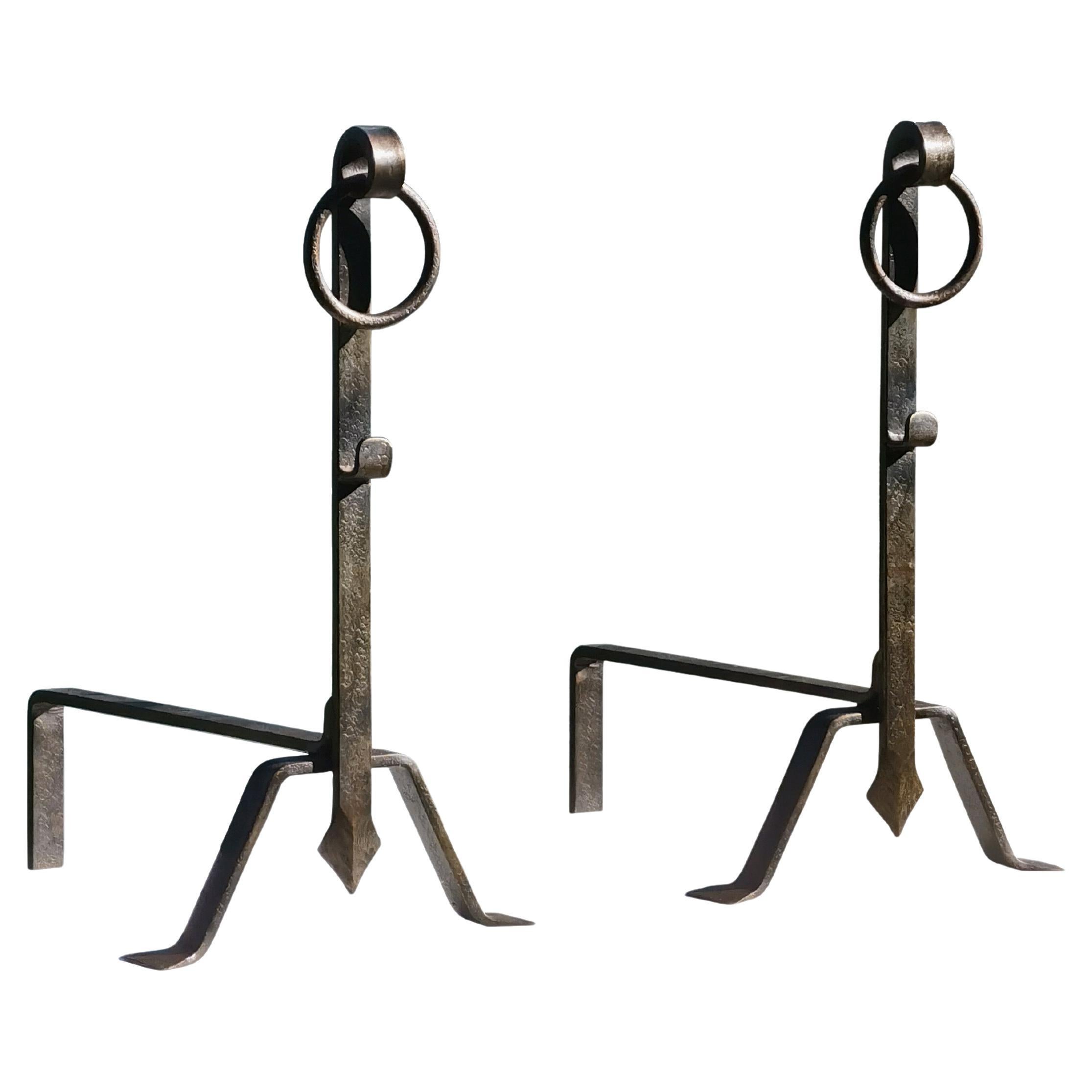A MODERNIST BRUTALIST Wrought Iron PAIR of ANDIRONS, France 1970