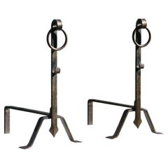 A MODERNIST BRUTALIST Wrought Iron PAIR of ANDIRONS, France 1970