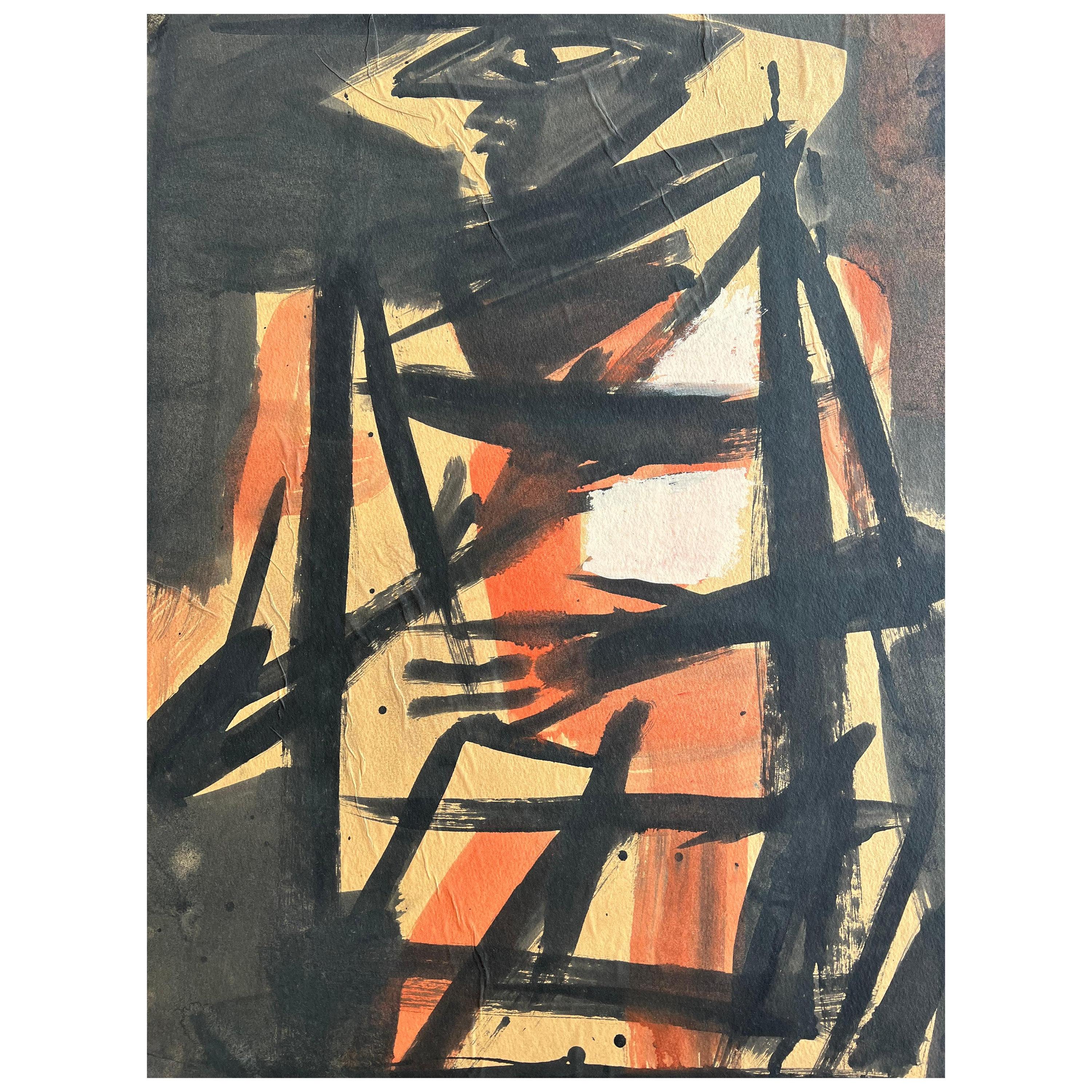 A fantastic gouache and ink drawing on paper, mounted on board by Vaclav Vytlacil, ca' 1945. Highly reflective of the style of the period, with influences of African art and NY Abstract Expressionist School, this gem of a drawing makes a strong