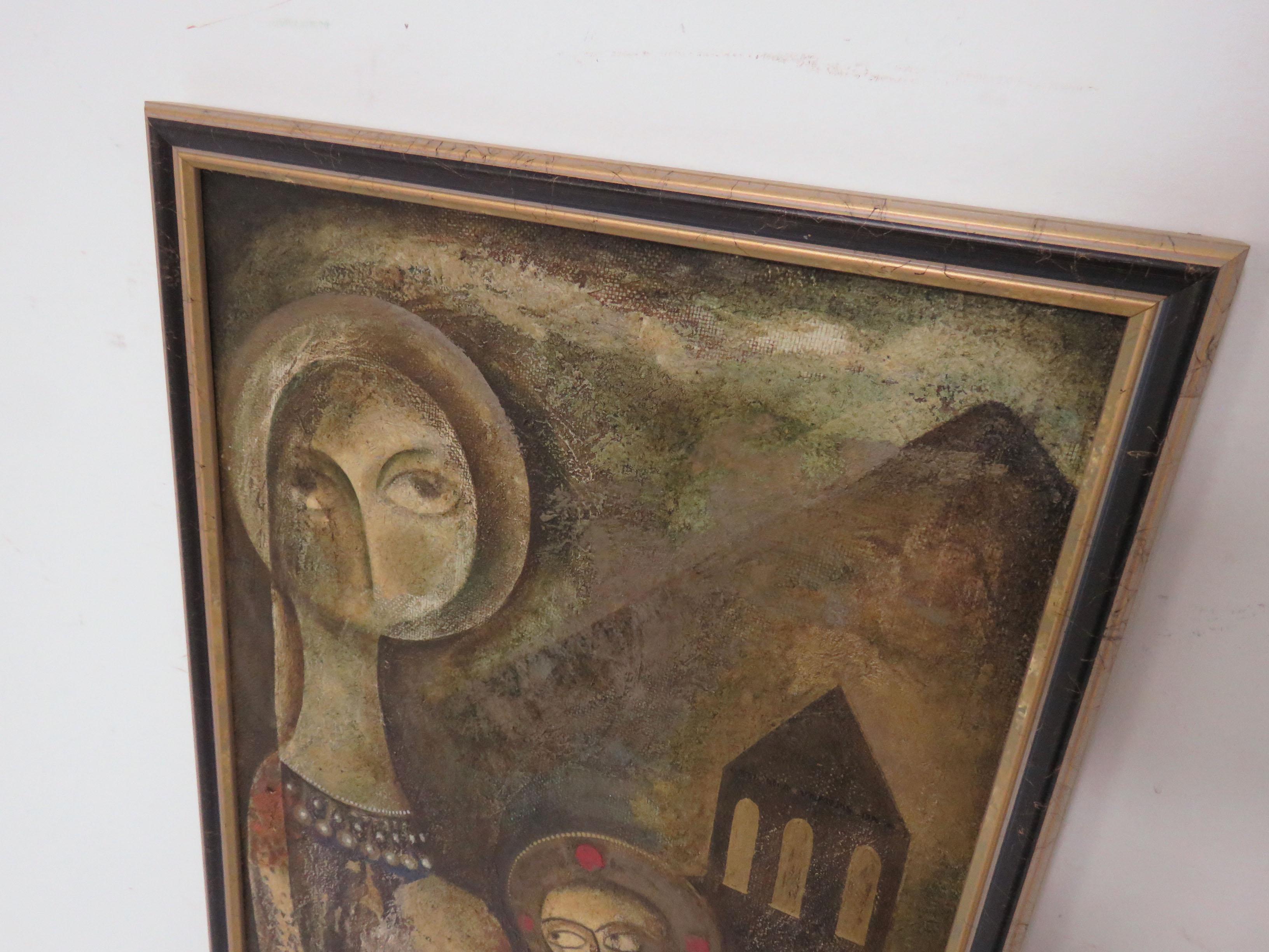 A modernist inspired fable painting by A. Mouradian. This piece, an oil on canvas board, is unsigned. We recently acquired a small grouping of Armenian figurative paintings by this unknown artist from the collection of Gordon Lankton, founder of the