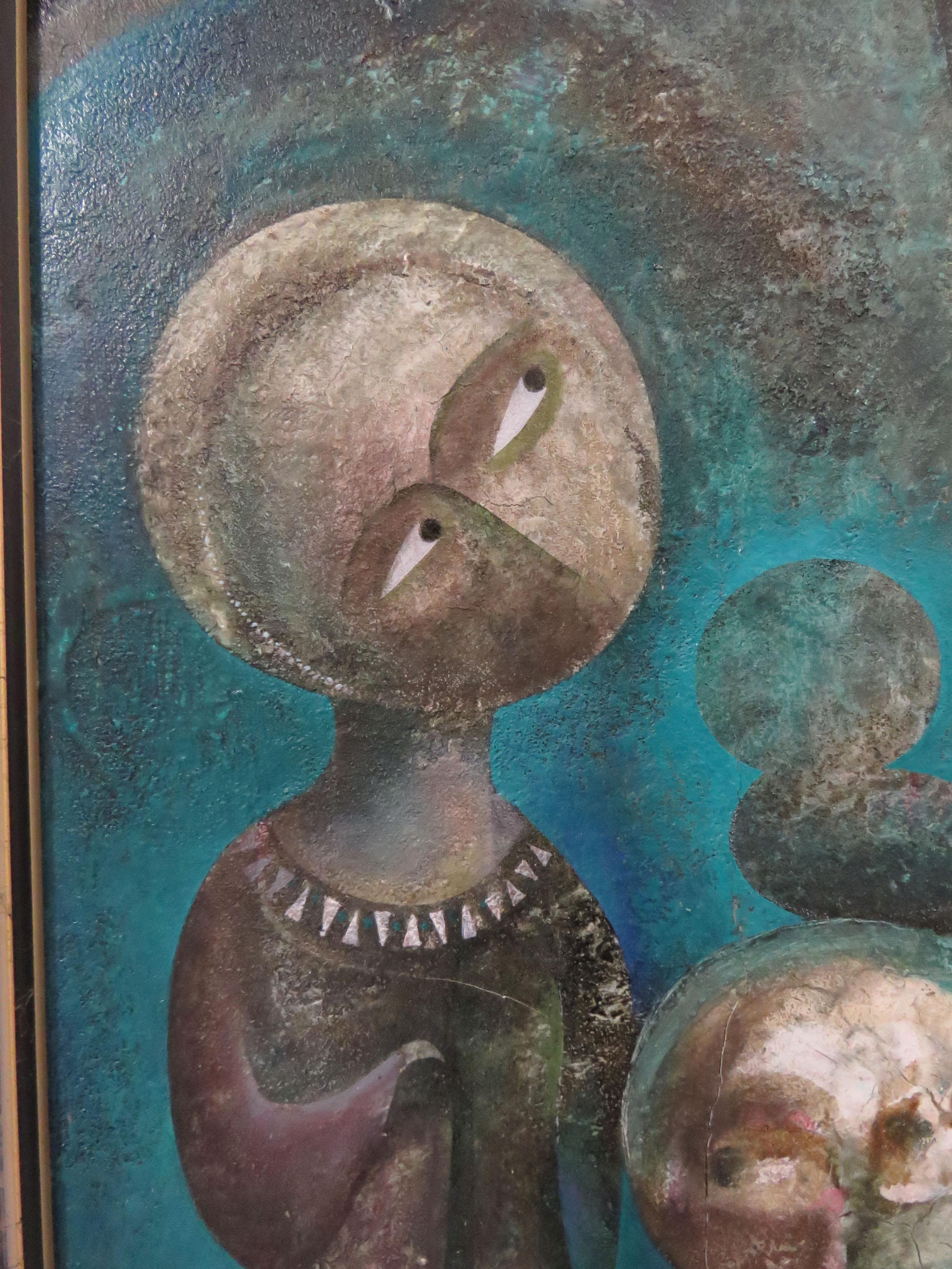 A modernist inspired fable painting by A. Mouradian. This piece, an oil on canvas board, is signed and dated 1996. We recently acquired a small grouping of Armenian figurative paintings by this unknown artist from the collection of Gordon Lankton,