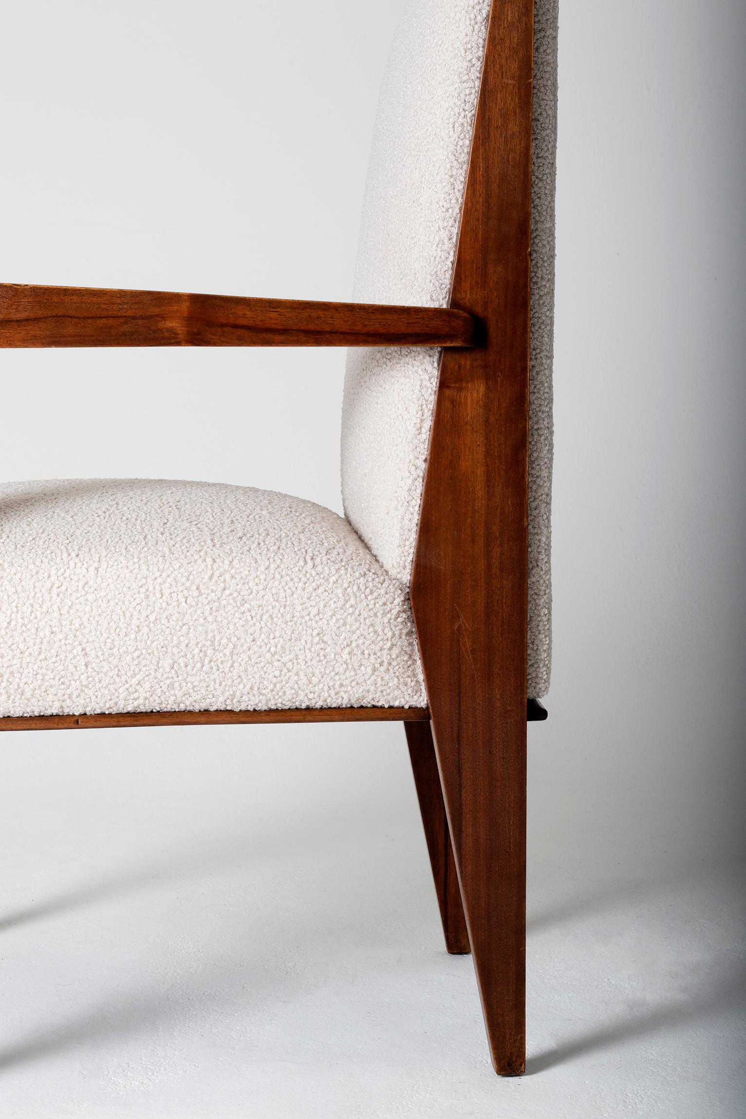Wool Modernist Mahogany Armchair by Maurice Jallot