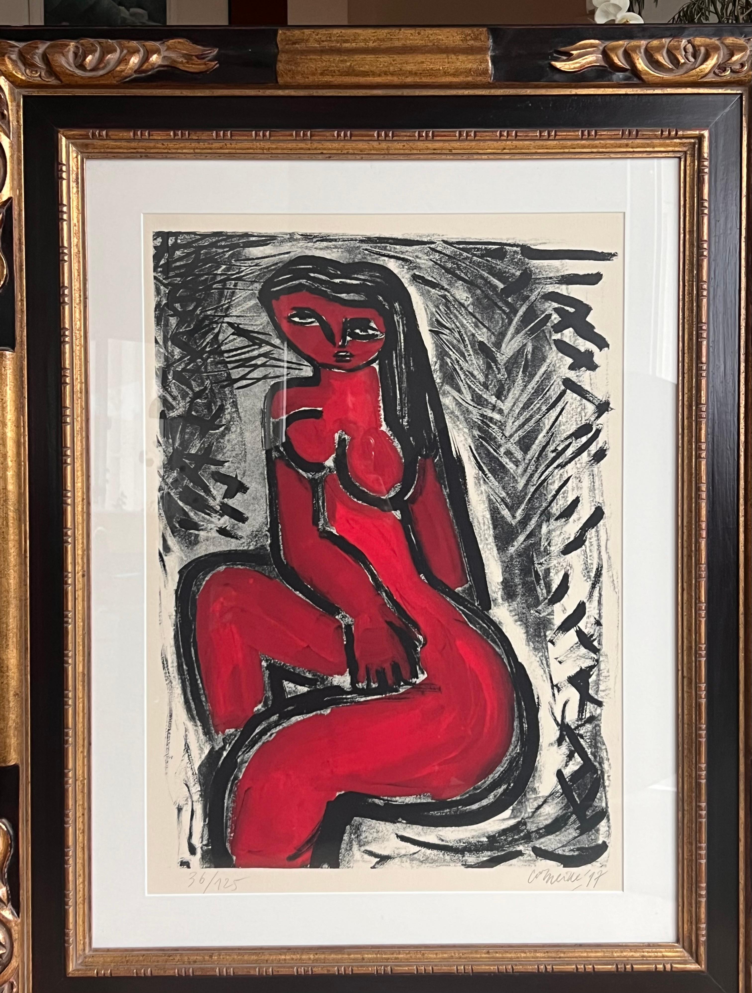 A modernist print in red by Guillaume Corneille, signed, framed, 20th century  For Sale 8