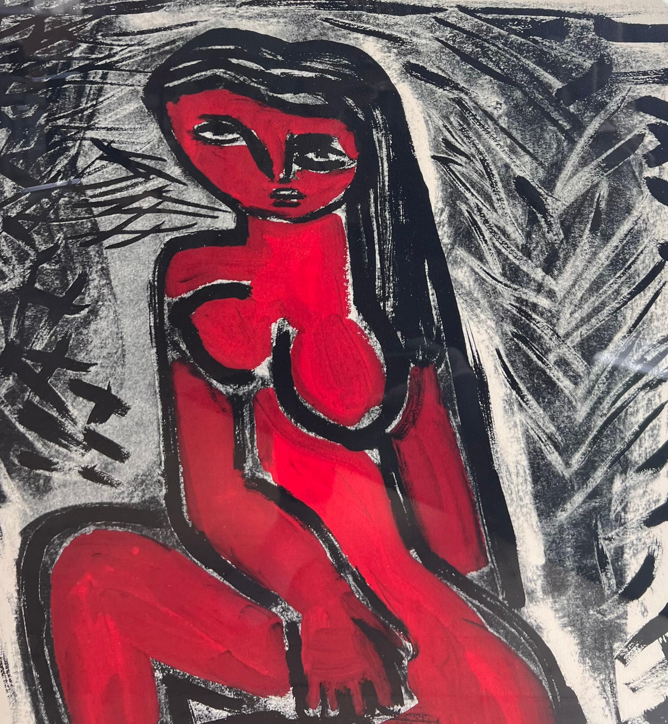 A modernist portrait of a femme in red by Guillaume Corneille (1922-2010), signed, Netherlands 20th century. Edition 36 of 125. This is an early monochromatic work of Corneille, who was known primarily for his later colorful pieces with fauvist