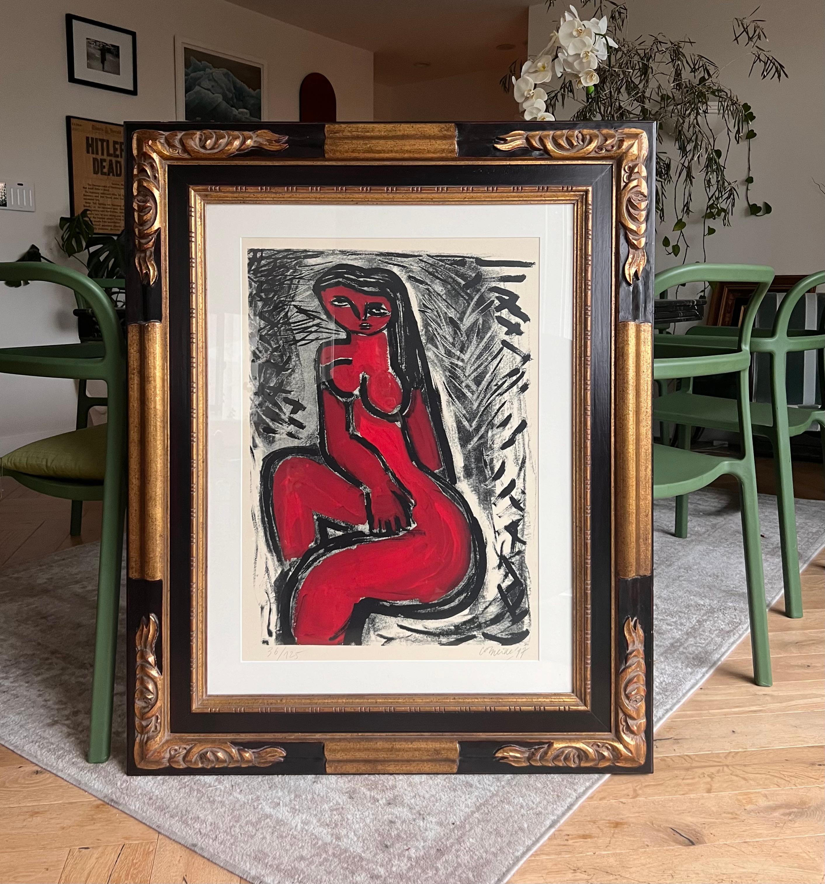 Glass A modernist print in red by Guillaume Corneille, signed, framed, 20th century  For Sale