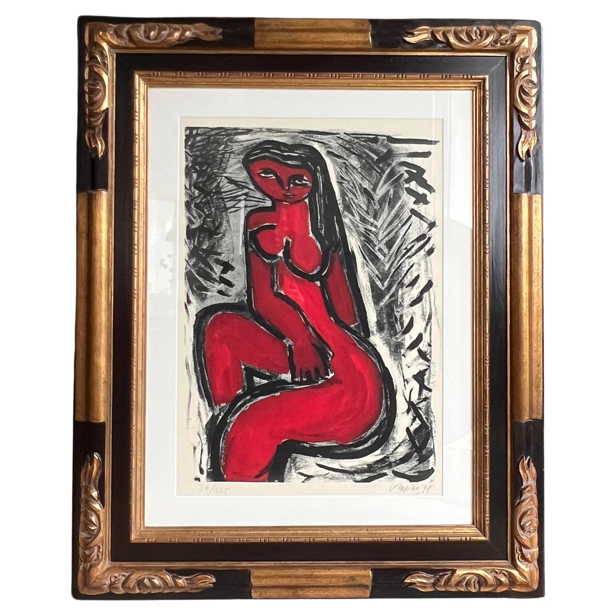 A modernist print in red by Guillaume Corneille, signed, framed, 20th century 