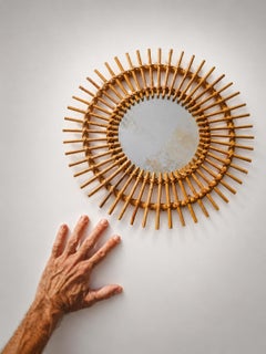 A MODERNIST Rattan "SUN" Wall MIRROR, in AUDOUX-MINNET Style, France 1950