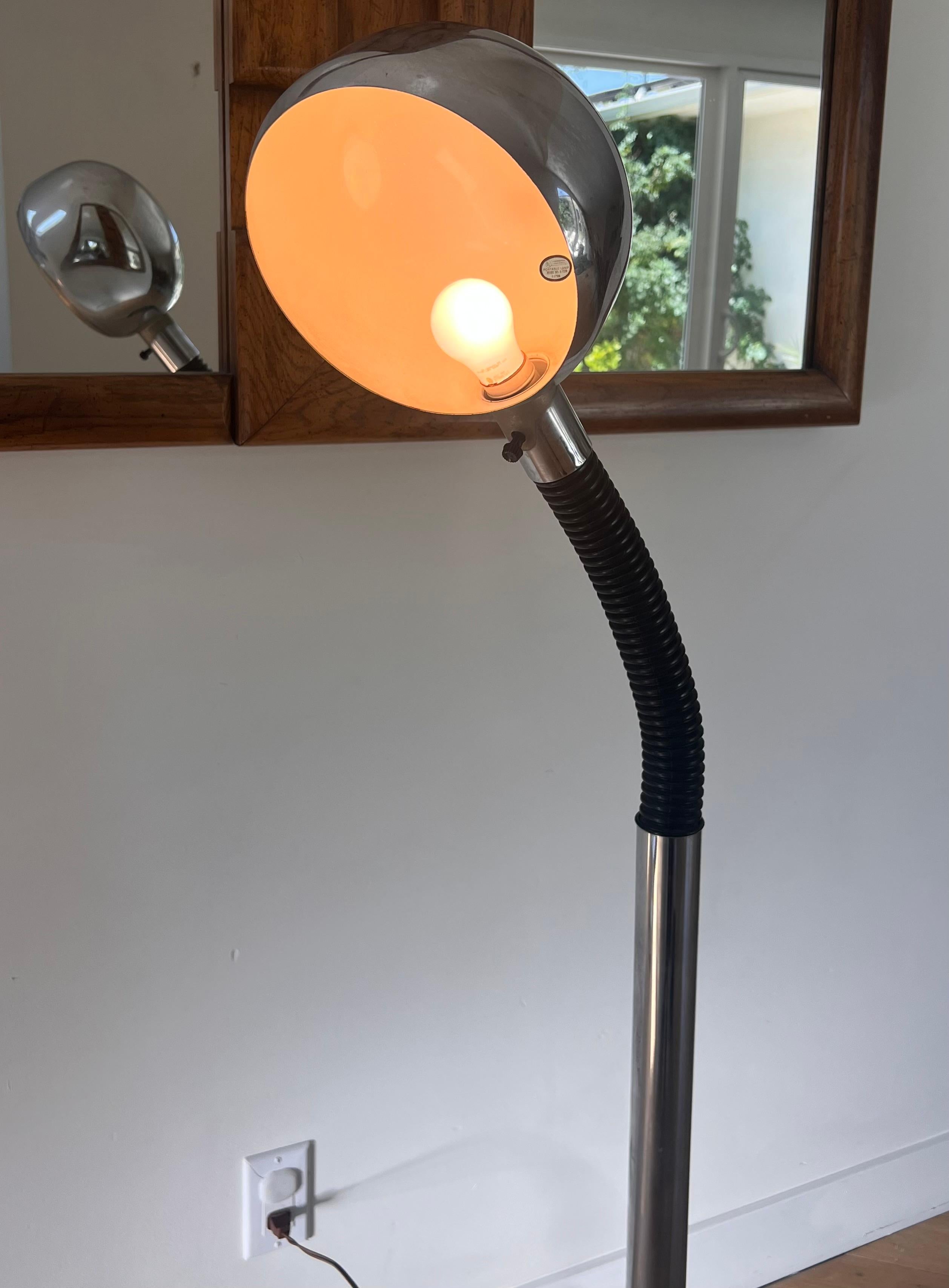 Mid-Century Modern A modernist Sonneman style chrome and rubber gooseneck floor lamp, circa 1970