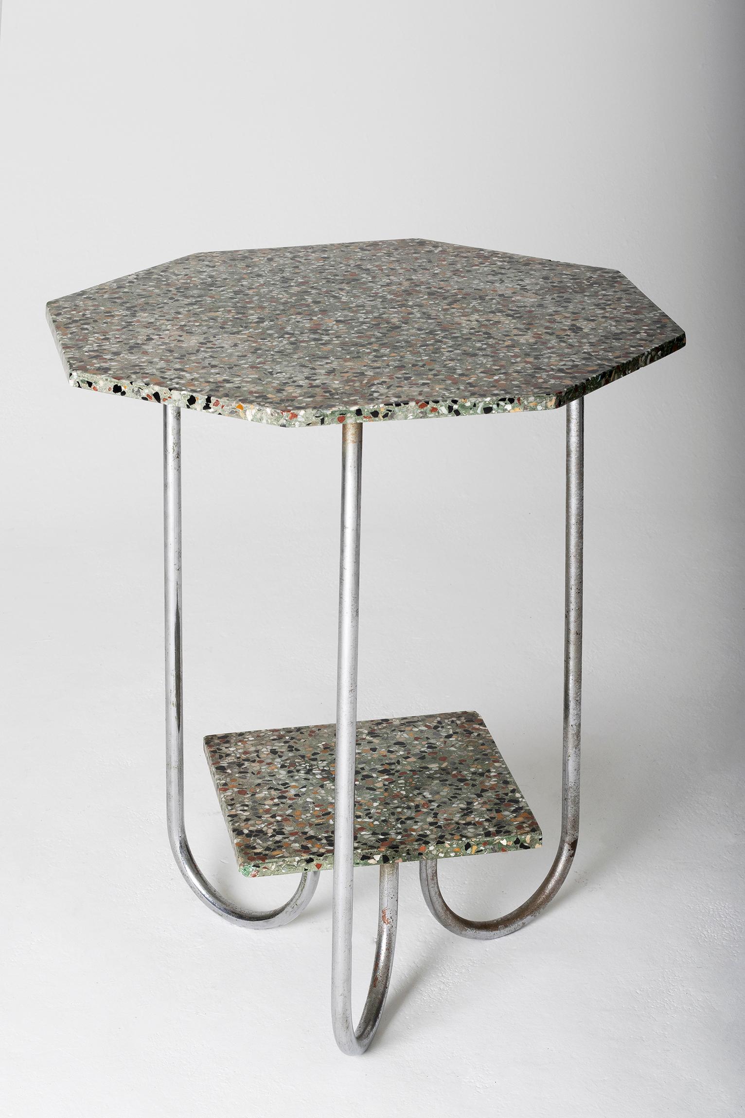 Art Deco Modernist Terrazzo and Chrome Octagonal Table