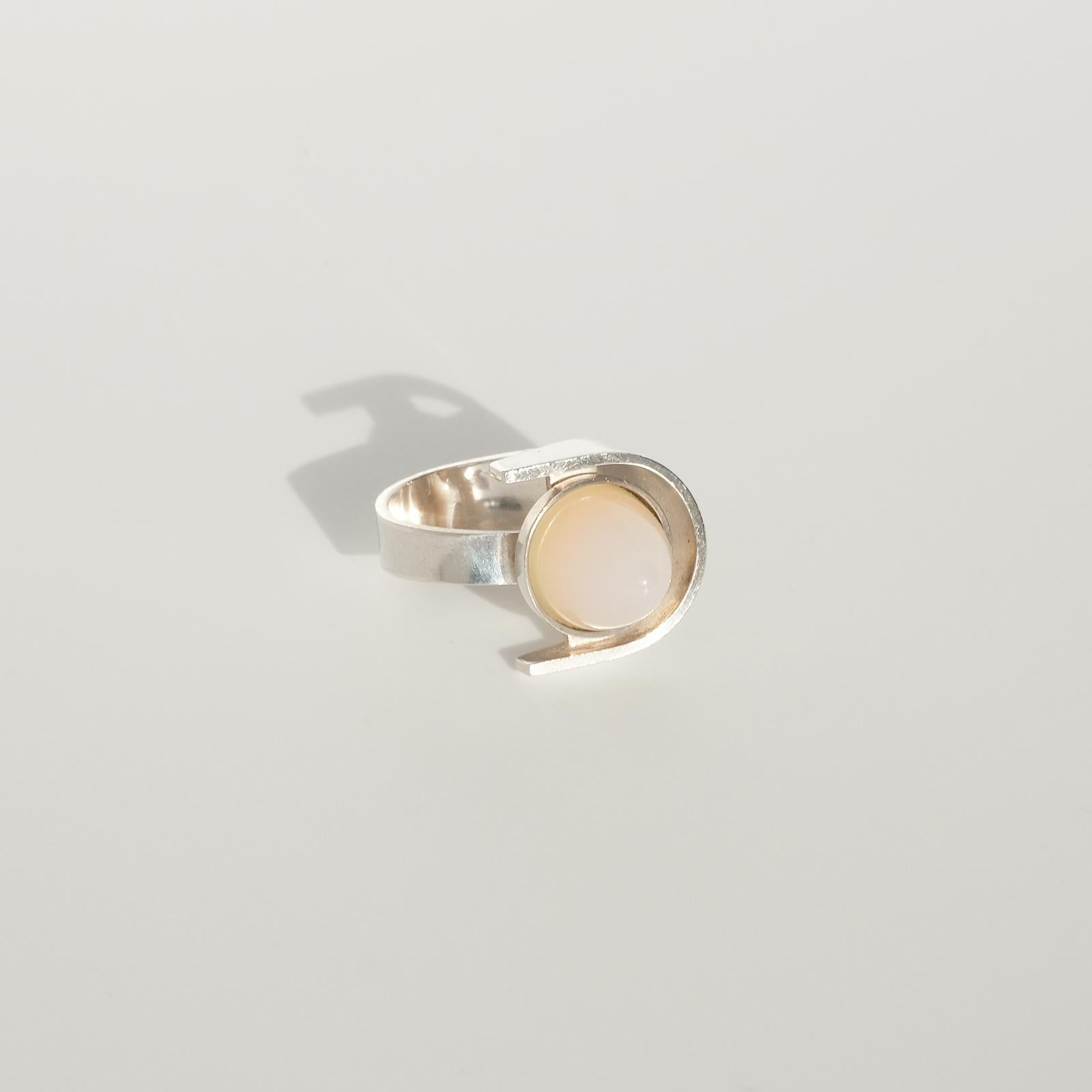 Round Cut Modernistic Finnish Silver Ring with a Moonstone, 1960s