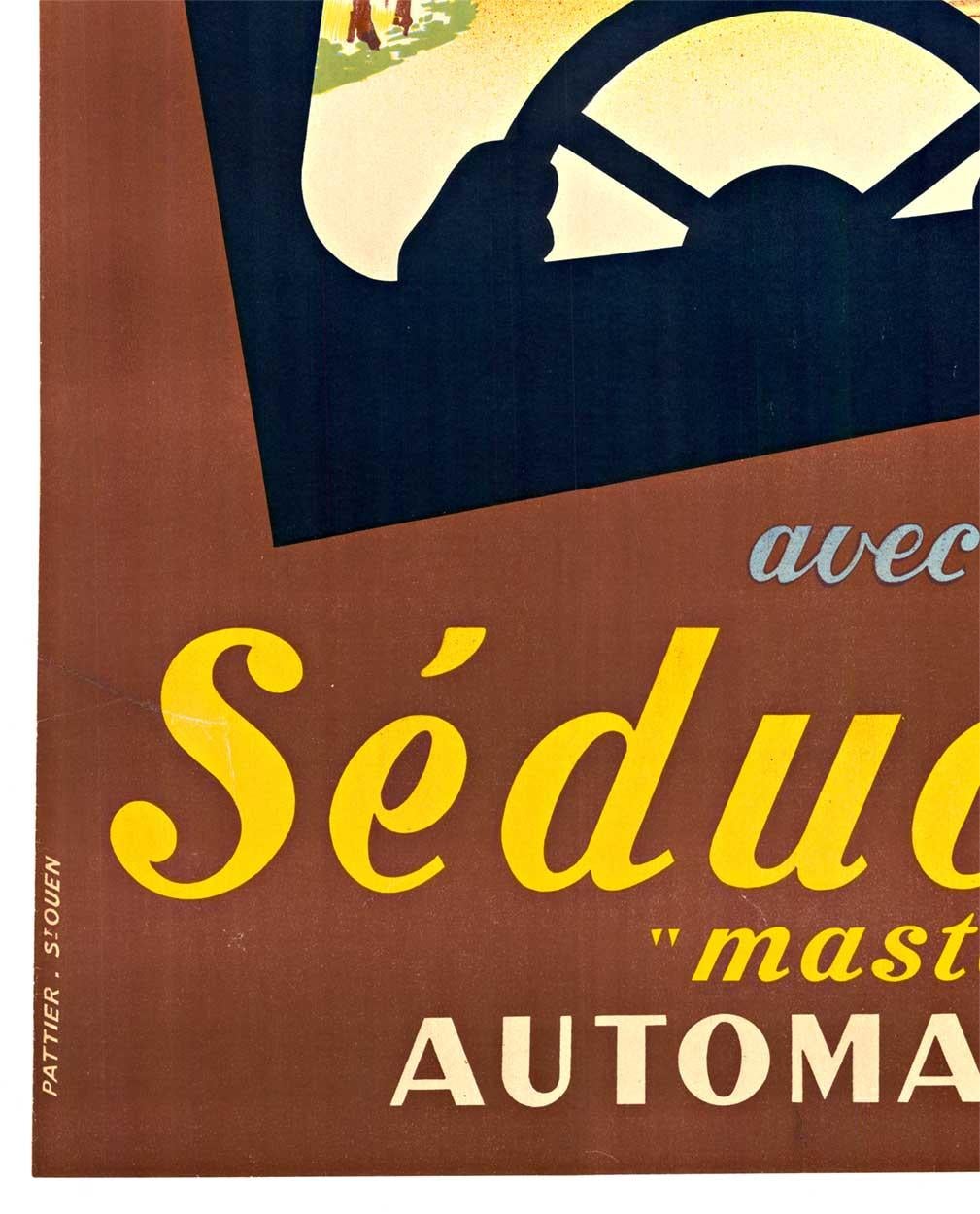 Original SEDUCTION AUTOMATIQUE - póster francés vintage de la radio de los coches antiguos  lino - Print Marrón de A. Molusson