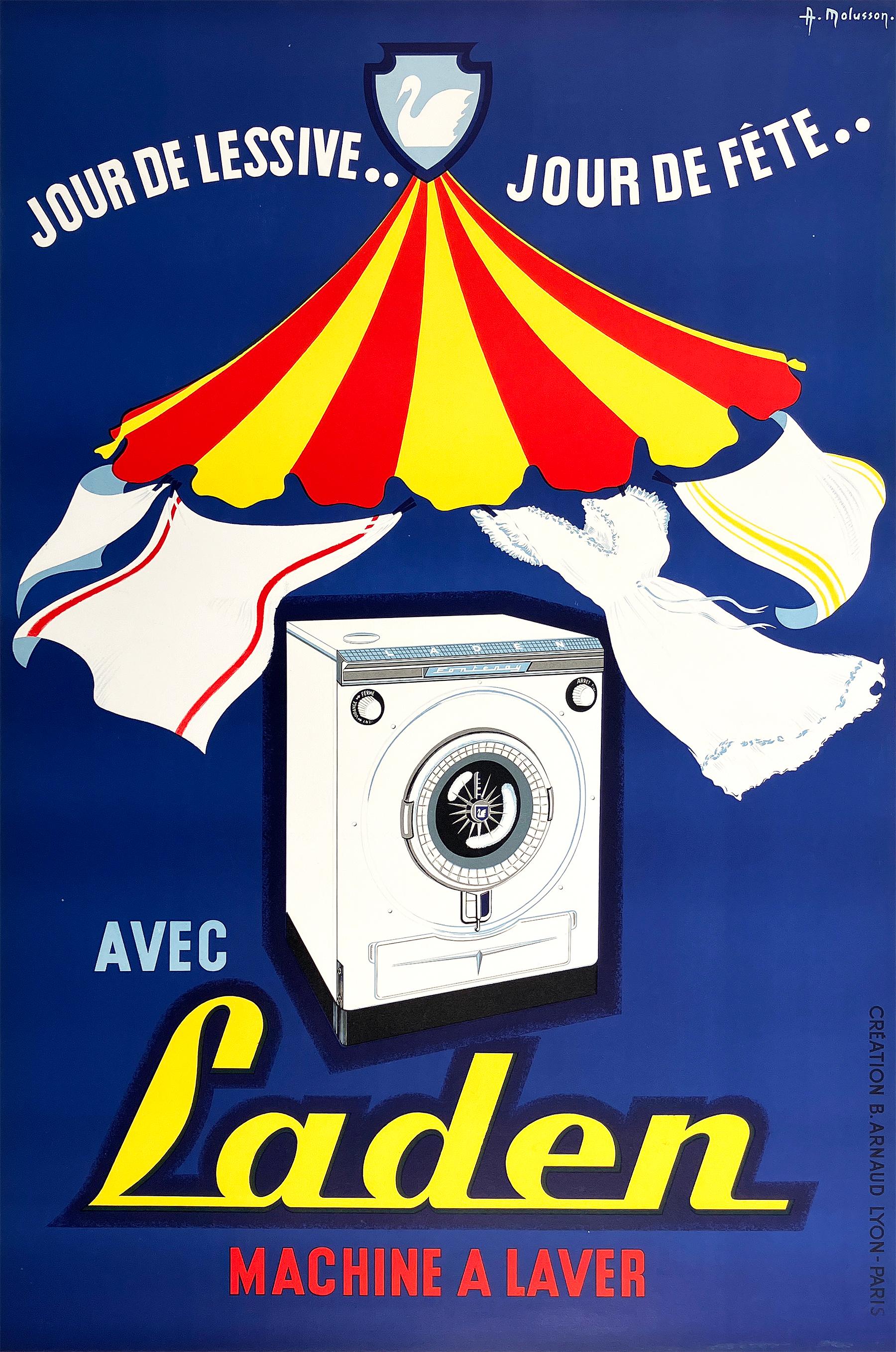 Original Vintage Laden Machine a Laver French Washing Machine Poster c1950 - Print by A. Molusson