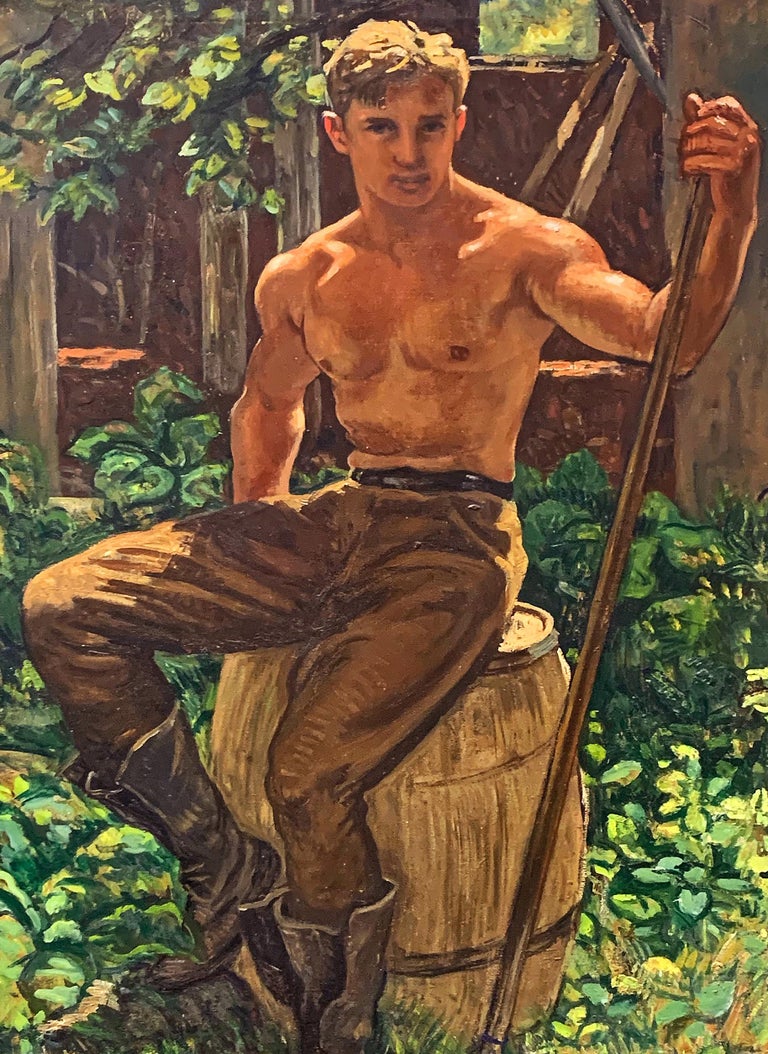 His skin ruddy from his work in the outdoors, his blond hair glinting in the sun, this beautiful portrait of a young male worker resting from his labors in the garden or field, is a very fine genre painting by an important American artist working in